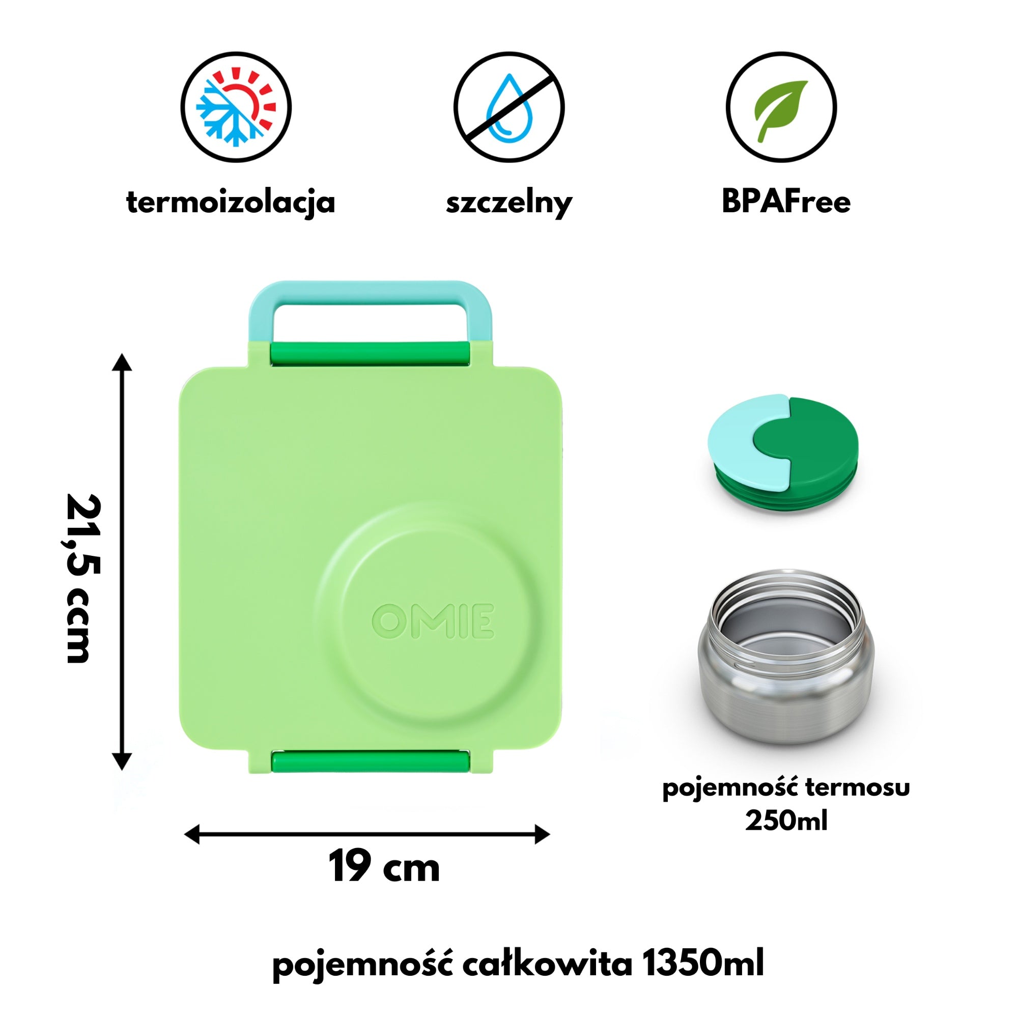 OmieBox Apple Green – pastelowo zielony lunchbox z termosem, przegródkami i uchwytem, idealny do szkoły i przedszkola.