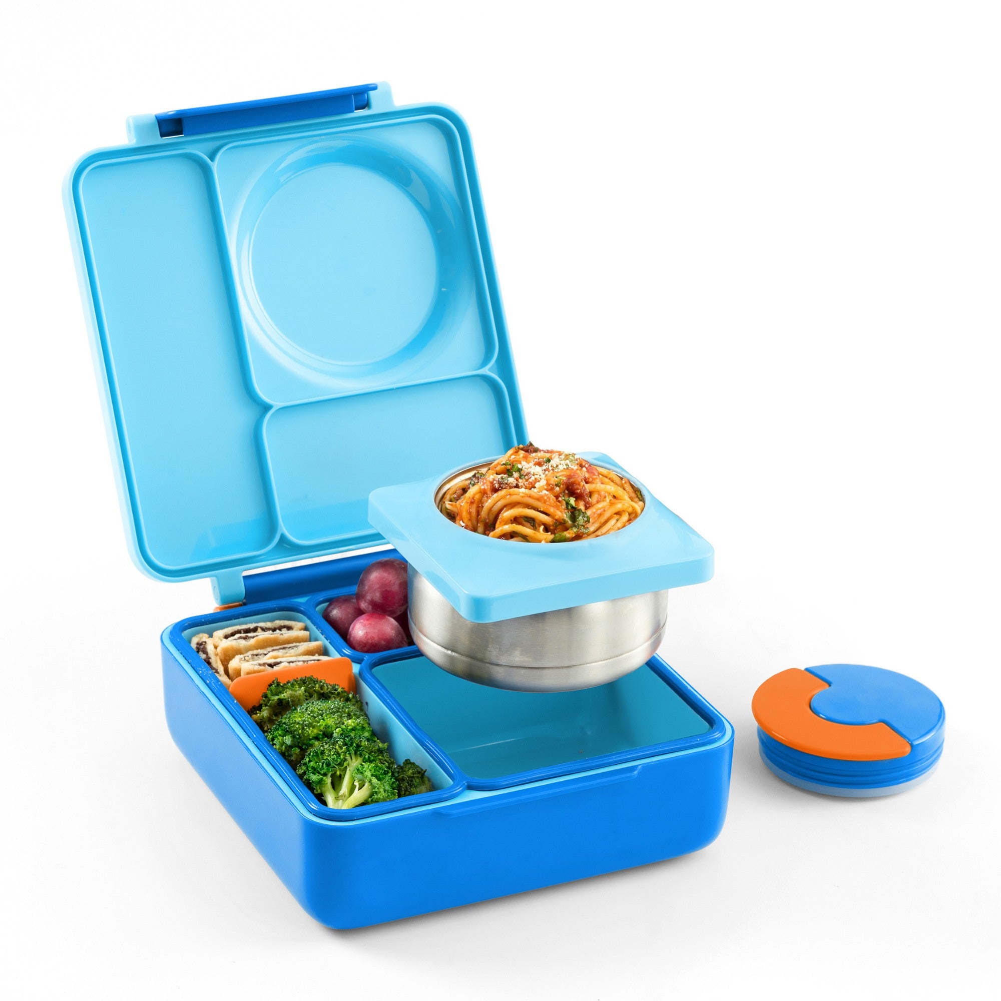 OmieBox Blue Sky – niebieski lunchbox z termosem, przegródkami i uchwytem, idealny do szkoły i przedszkola.