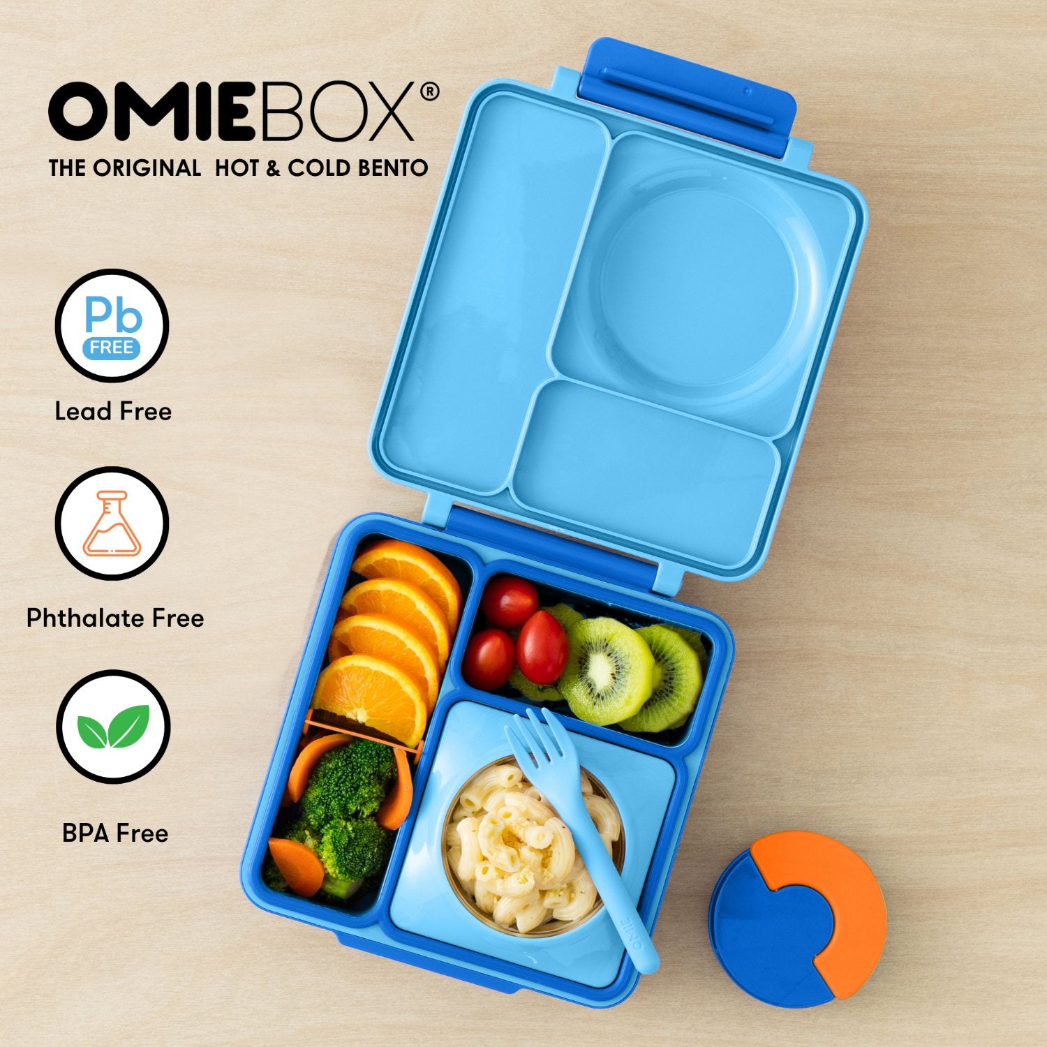 OmieBox Blue Sky – niebieski lunchbox z termosem, przegródkami i uchwytem, idealny do szkoły i przedszkola.