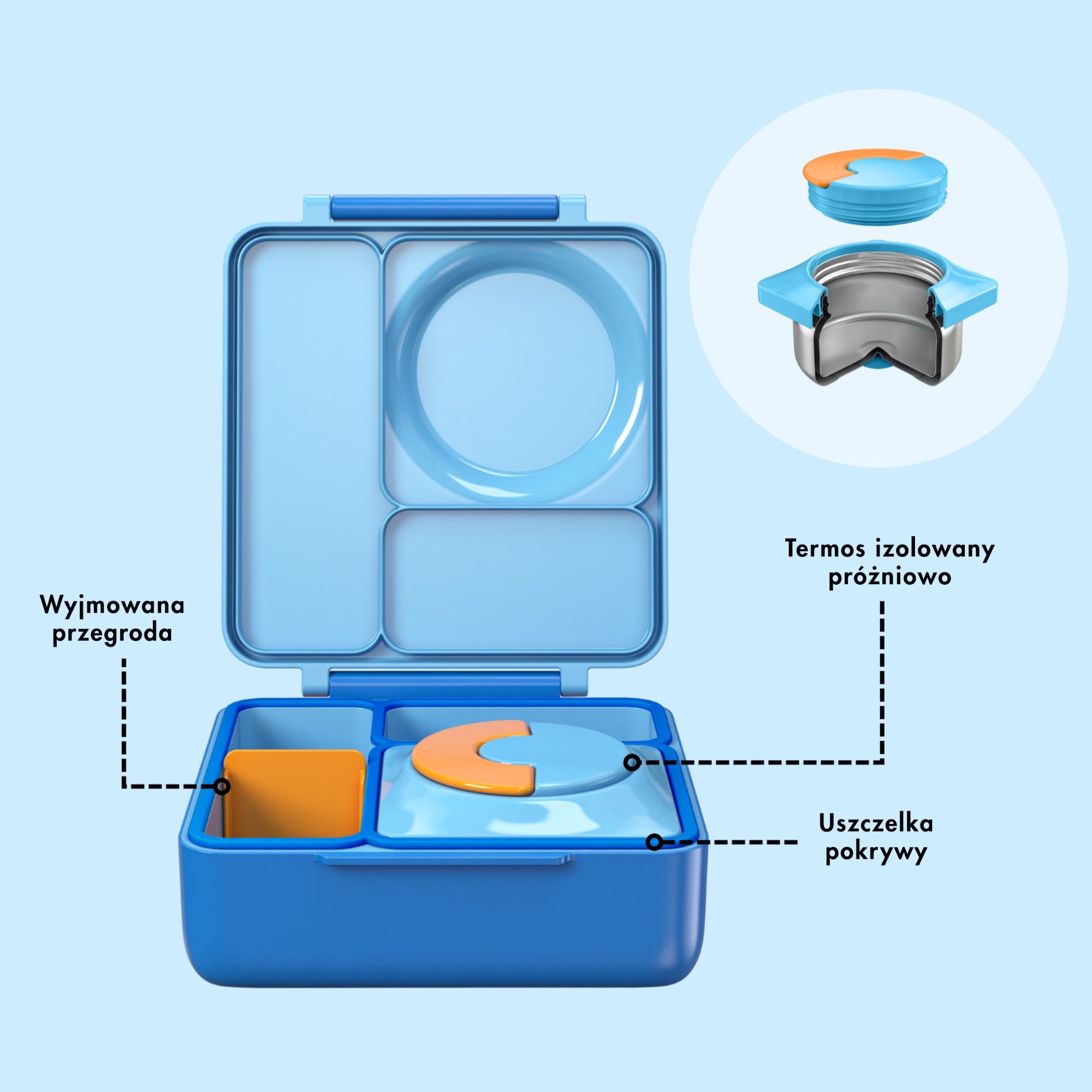 OmieBox Blue Sky – niebieski lunchbox z termosem, przegródkami i uchwytem, idealny do szkoły i przedszkola.