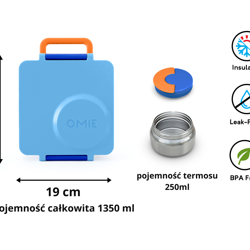 OmieBox Blue Sky – niebieski lunchbox z termosem, przegródkami i uchwytem, idealny do szkoły i przedszkola.
