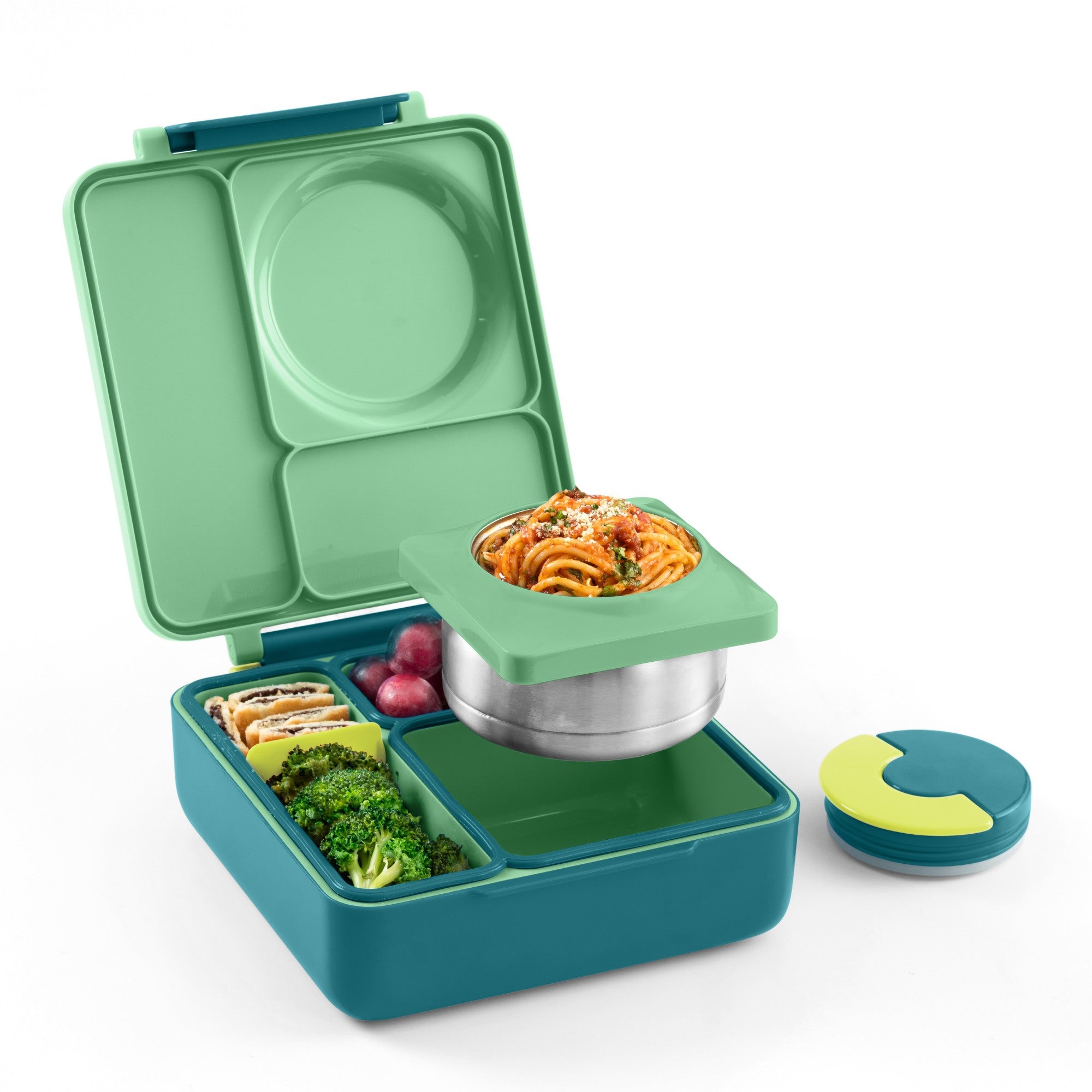 OmieBox Meadow – zielony lunchbox z termosem, przegródkami i uchwytem, idealny do szkoły i przedszkola.
