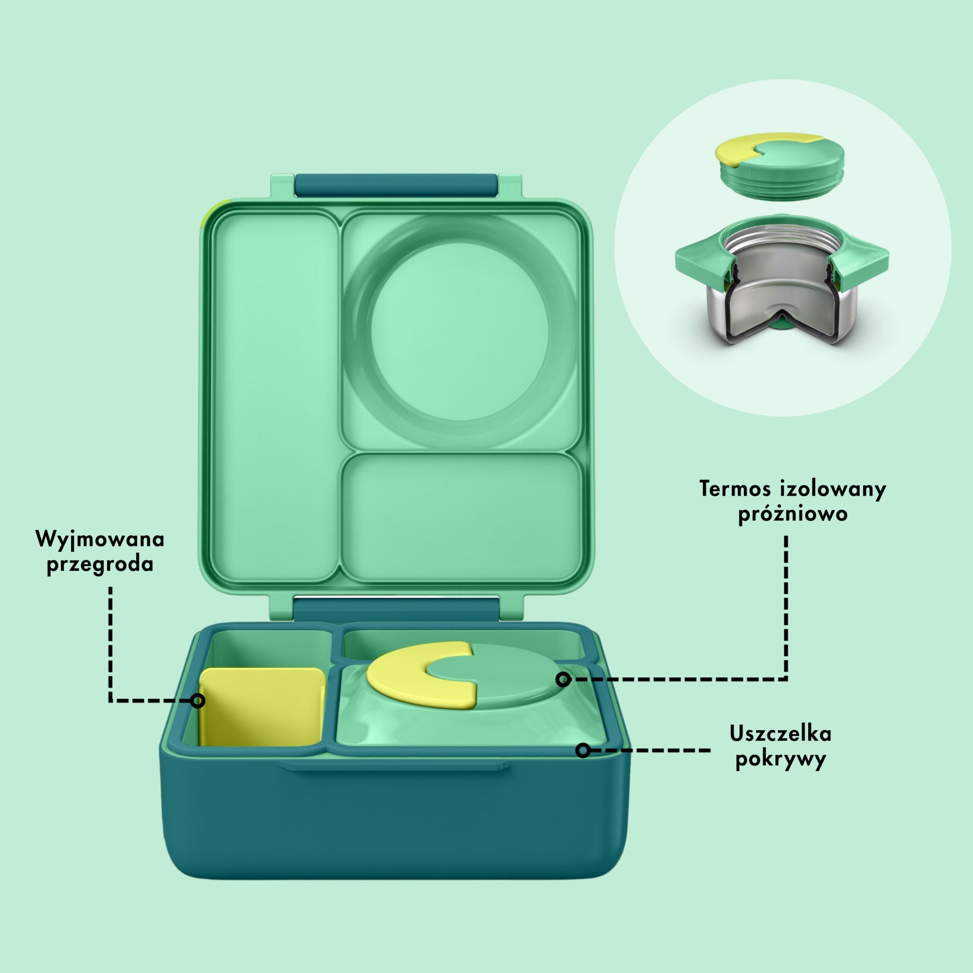 OmieBox Meadow – zielony lunchbox z termosem, przegródkami i uchwytem, idealny do szkoły i przedszkola.