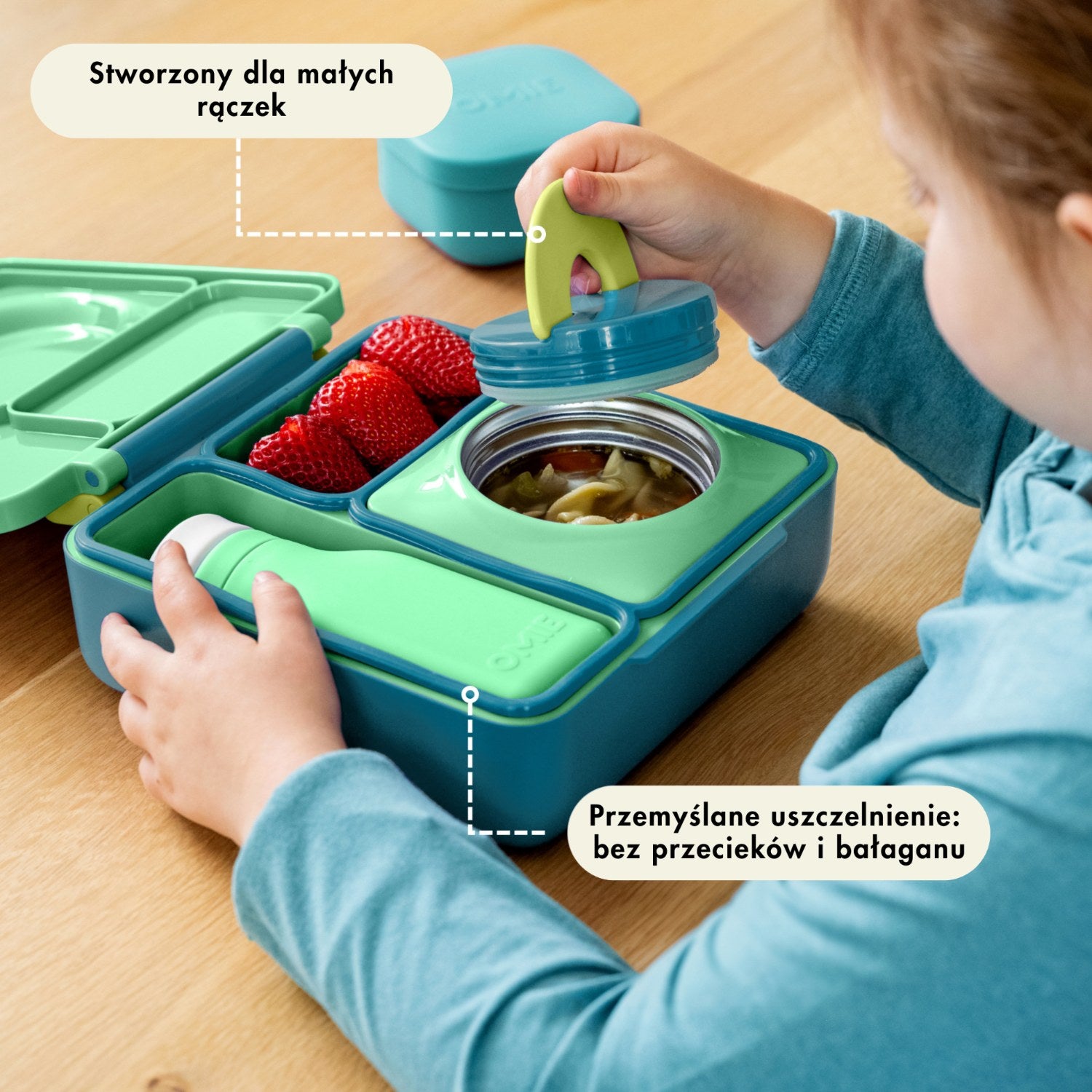 OmieBox Meadow – zielony lunchbox z termosem, przegródkami i uchwytem, idealny do szkoły i przedszkola.