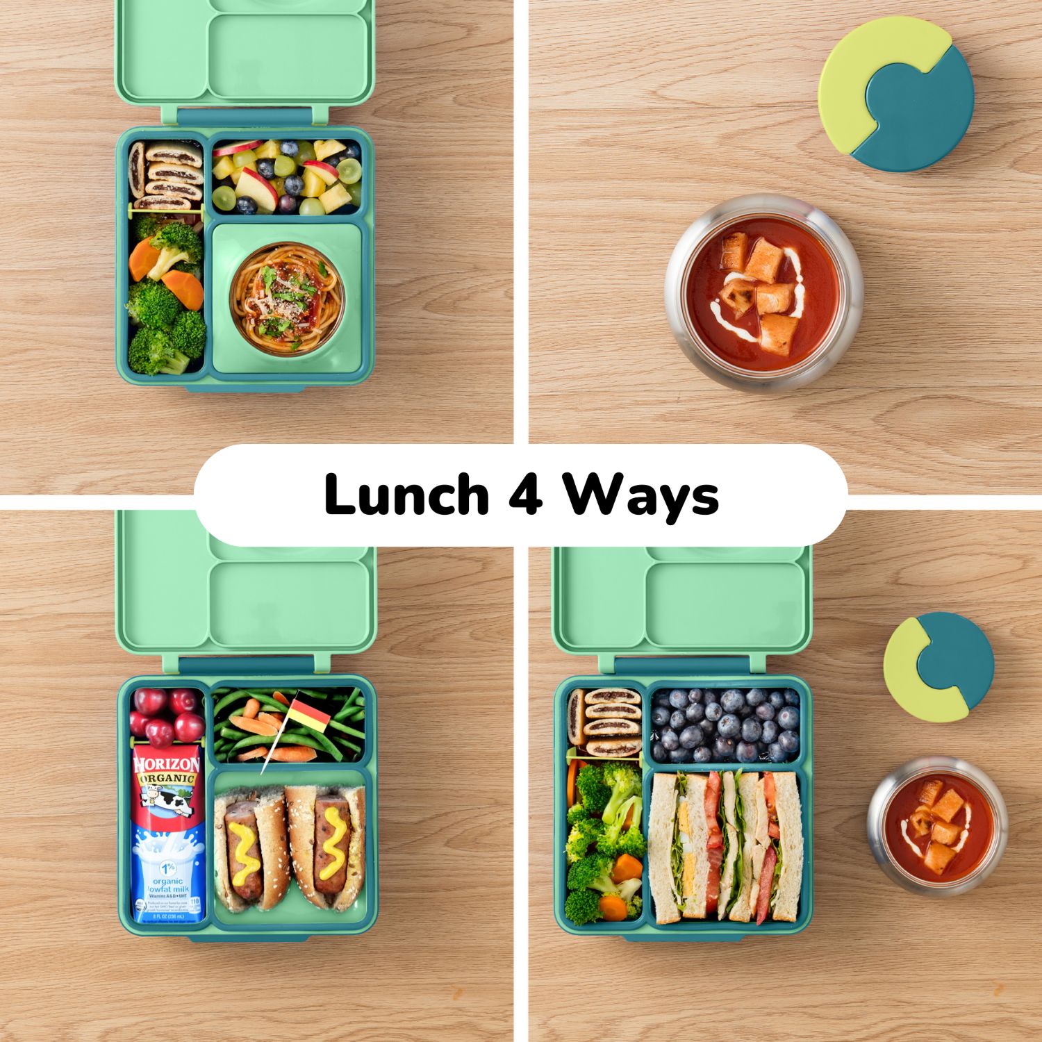 OmieBox Meadow – zielony lunchbox z termosem, przegródkami i uchwytem, idealny do szkoły i przedszkola.