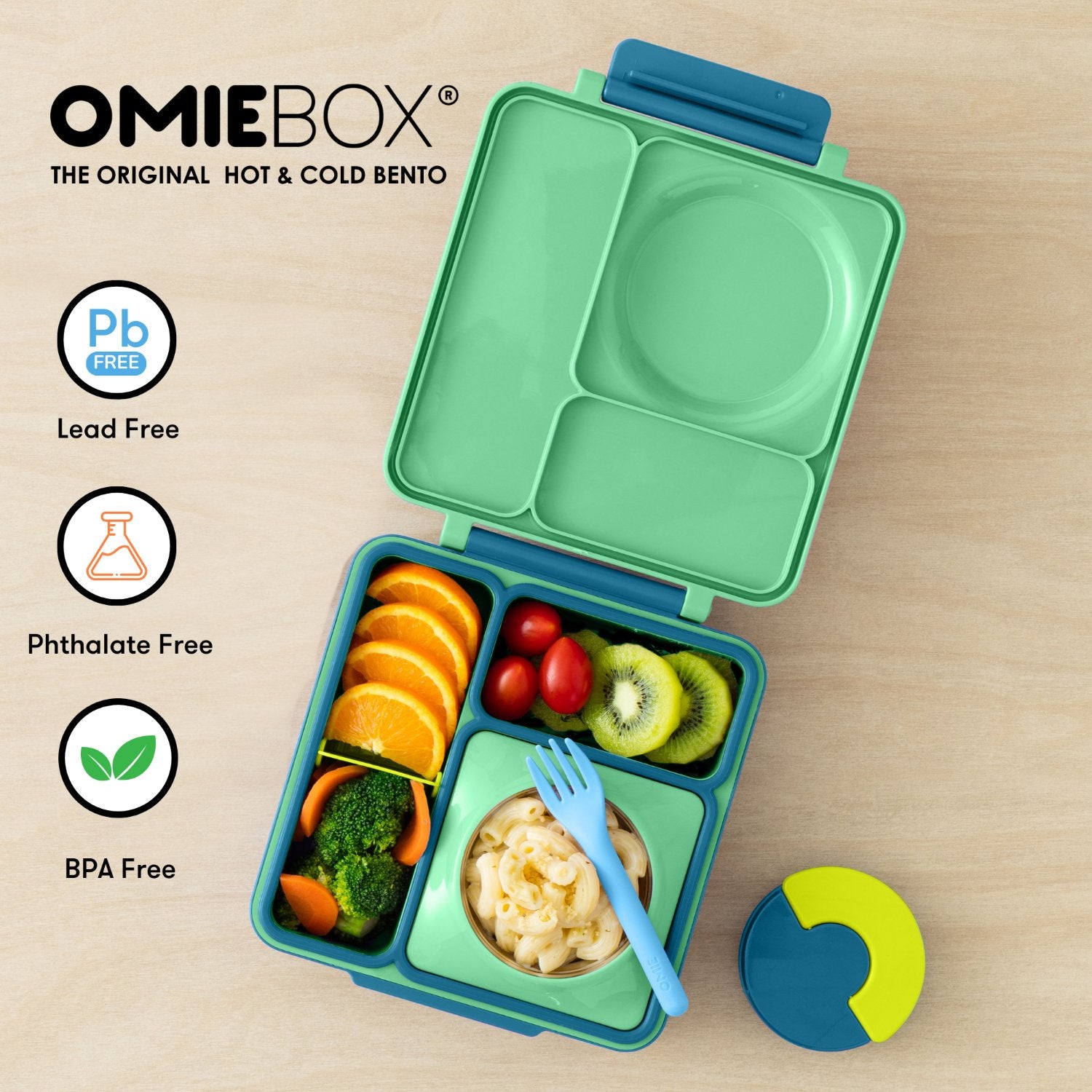 OmieBox Meadow – zielony lunchbox z termosem, przegródkami i uchwytem, idealny do szkoły i przedszkola.