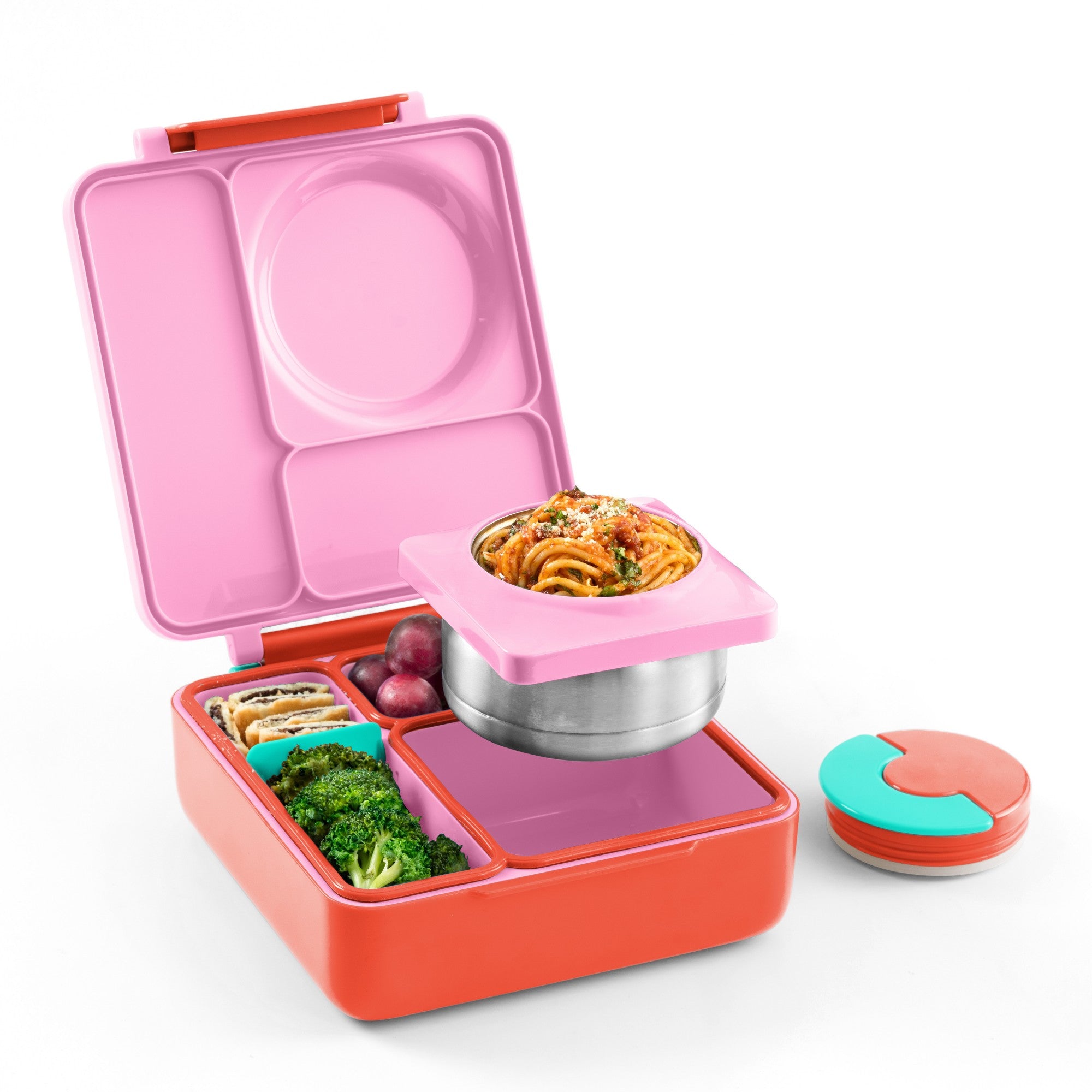 OmieBox Pink Berry – różowy lunchbox z termosem, przegródkami i uchwytem, idealny do szkoły i przedszkola.
