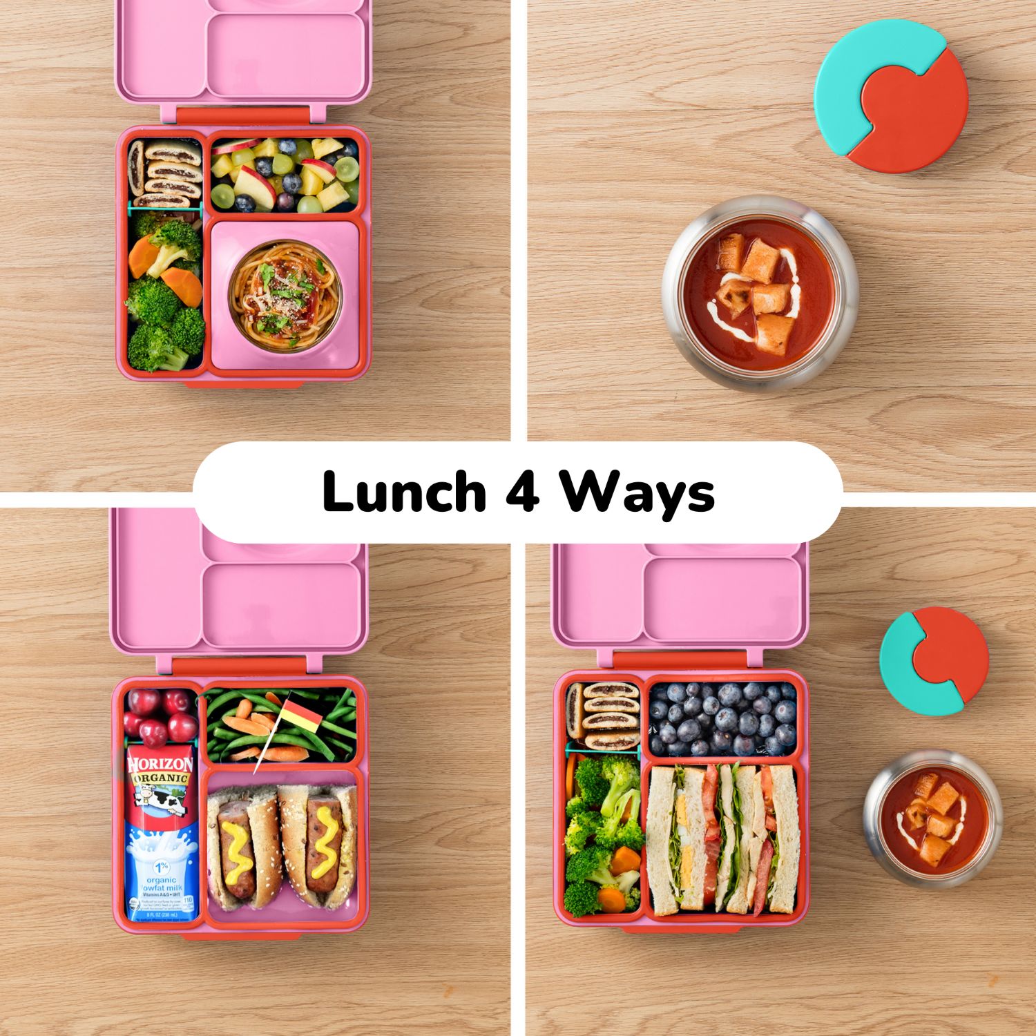 OmieBox Pink Berry – różowy lunchbox z termosem, przegródkami i uchwytem, idealny do szkoły i przedszkola.