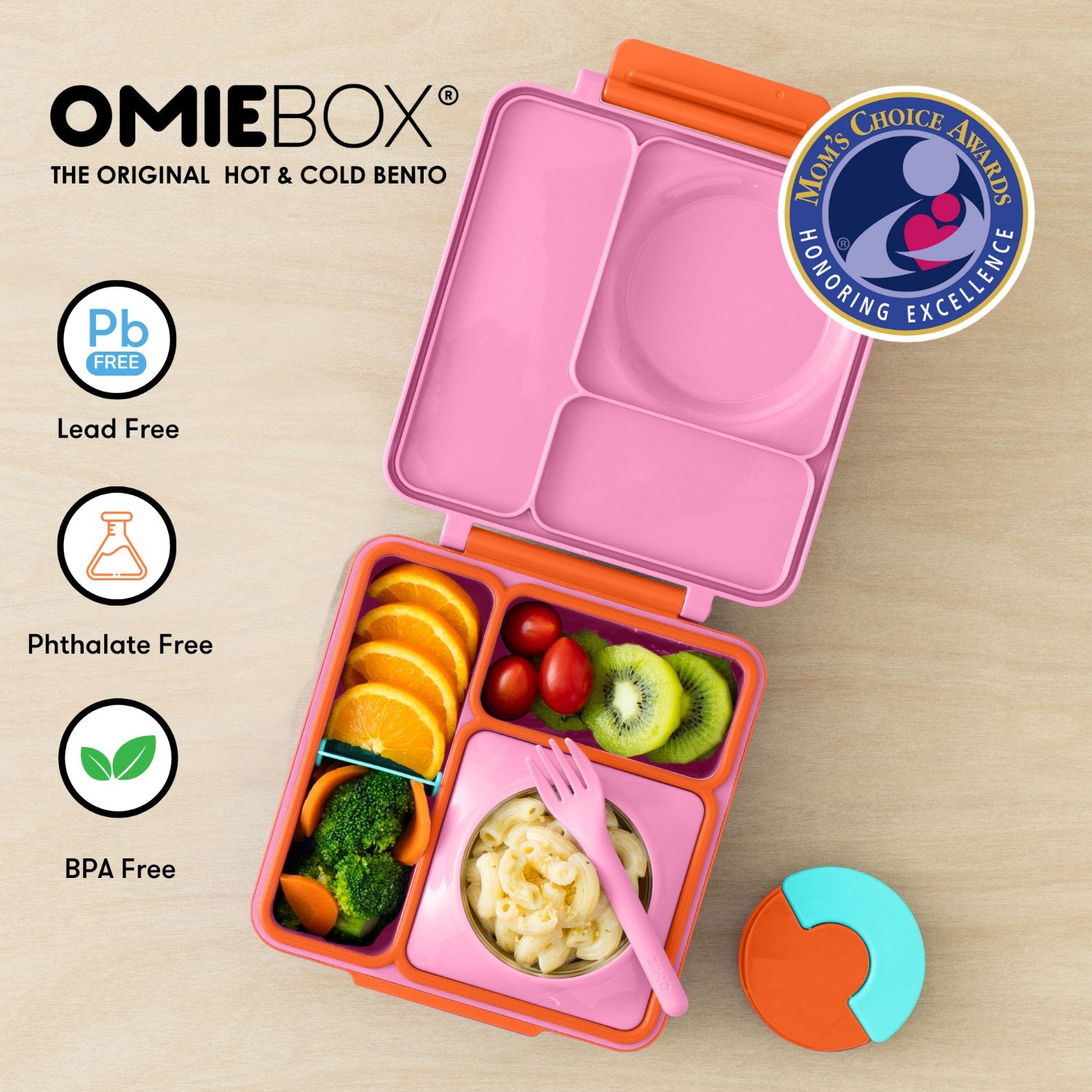 OmieBox Pink Berry – różowy lunchbox z termosem, przegródkami i uchwytem, idealny do szkoły i przedszkola.