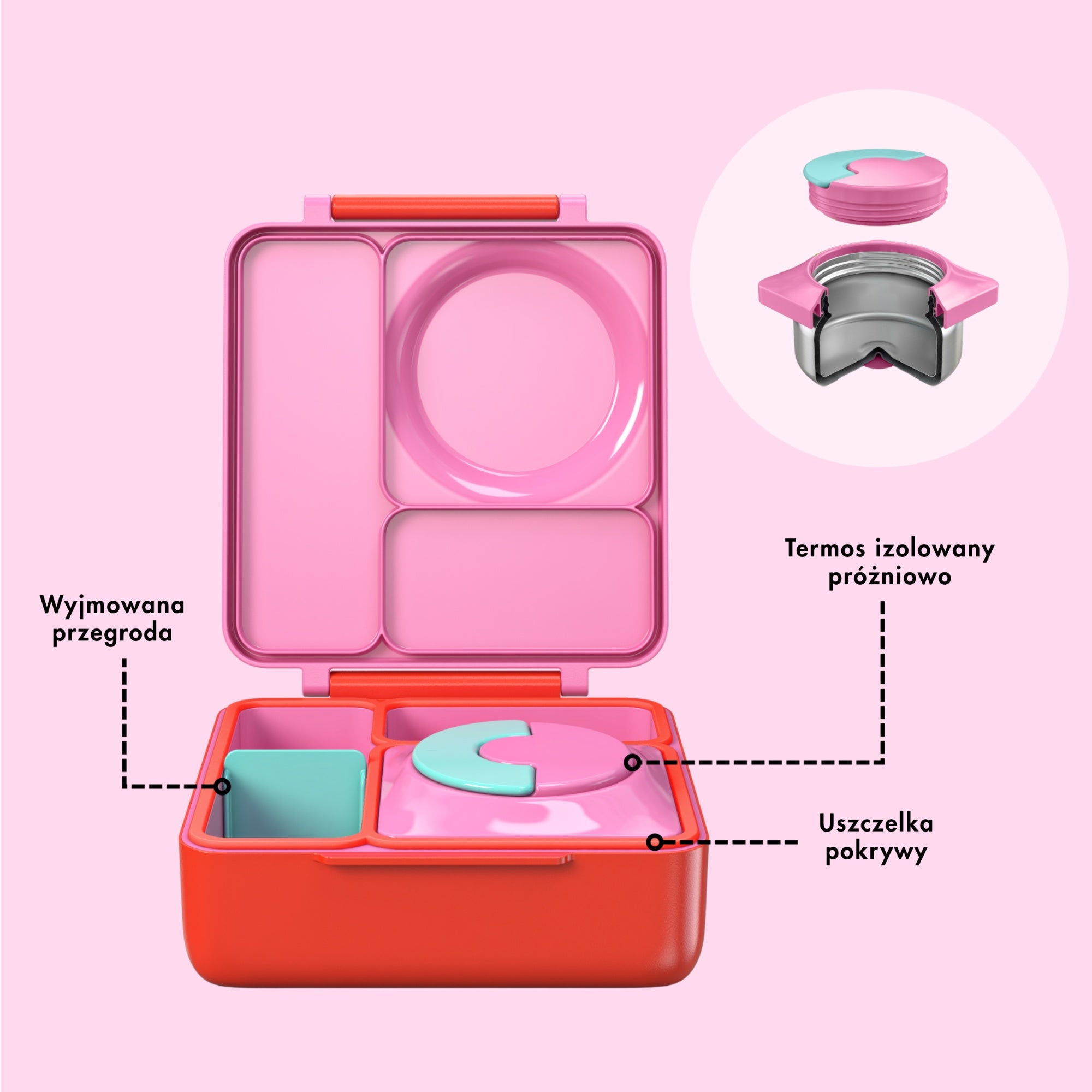 OmieBox Pink Berry – różowy lunchbox z termosem, przegródkami i uchwytem, idealny do szkoły i przedszkola.