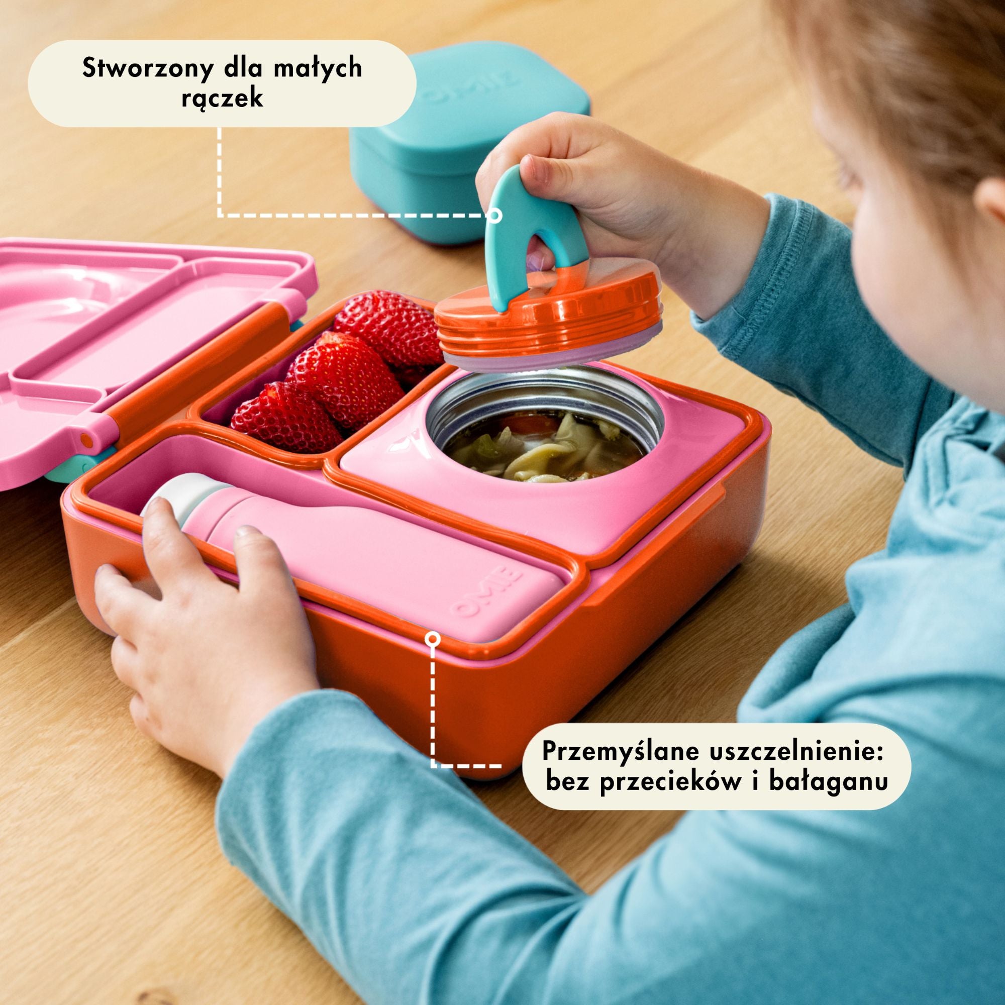 OmieBox Pink Berry – różowy lunchbox z termosem, przegródkami i uchwytem, idealny do szkoły i przedszkola.