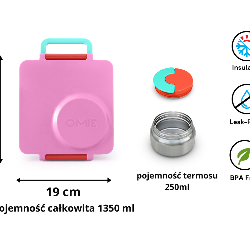 OmieBox Pink Berry – różowy lunchbox z termosem, przegródkami i uchwytem, idealny do szkoły i przedszkola.