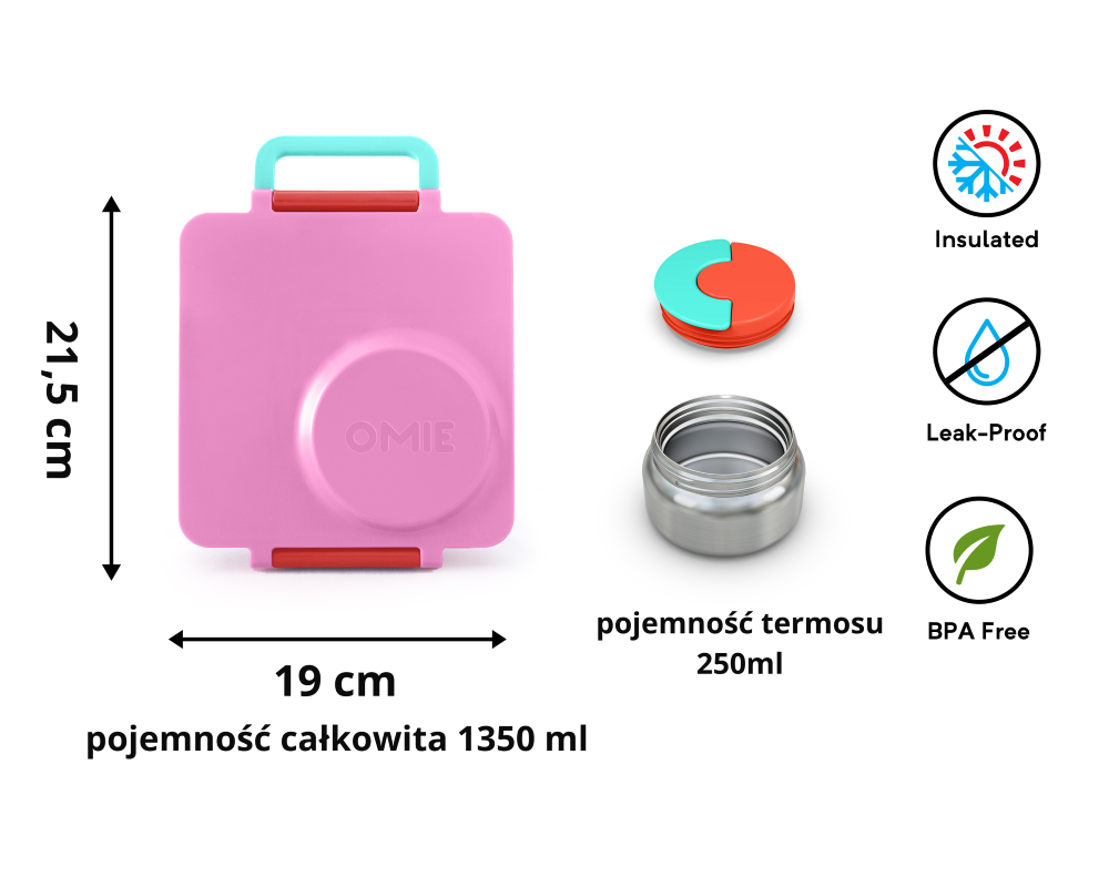 OmieBox Pink Berry – różowy lunchbox z termosem, przegródkami i uchwytem, idealny do szkoły i przedszkola.