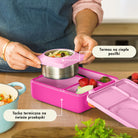 OmieBox Pixie Pink – pastelowo-różowy lunchbox z termosem, przegródkami i uchwytem, idealny do szkoły i przedszkola.
