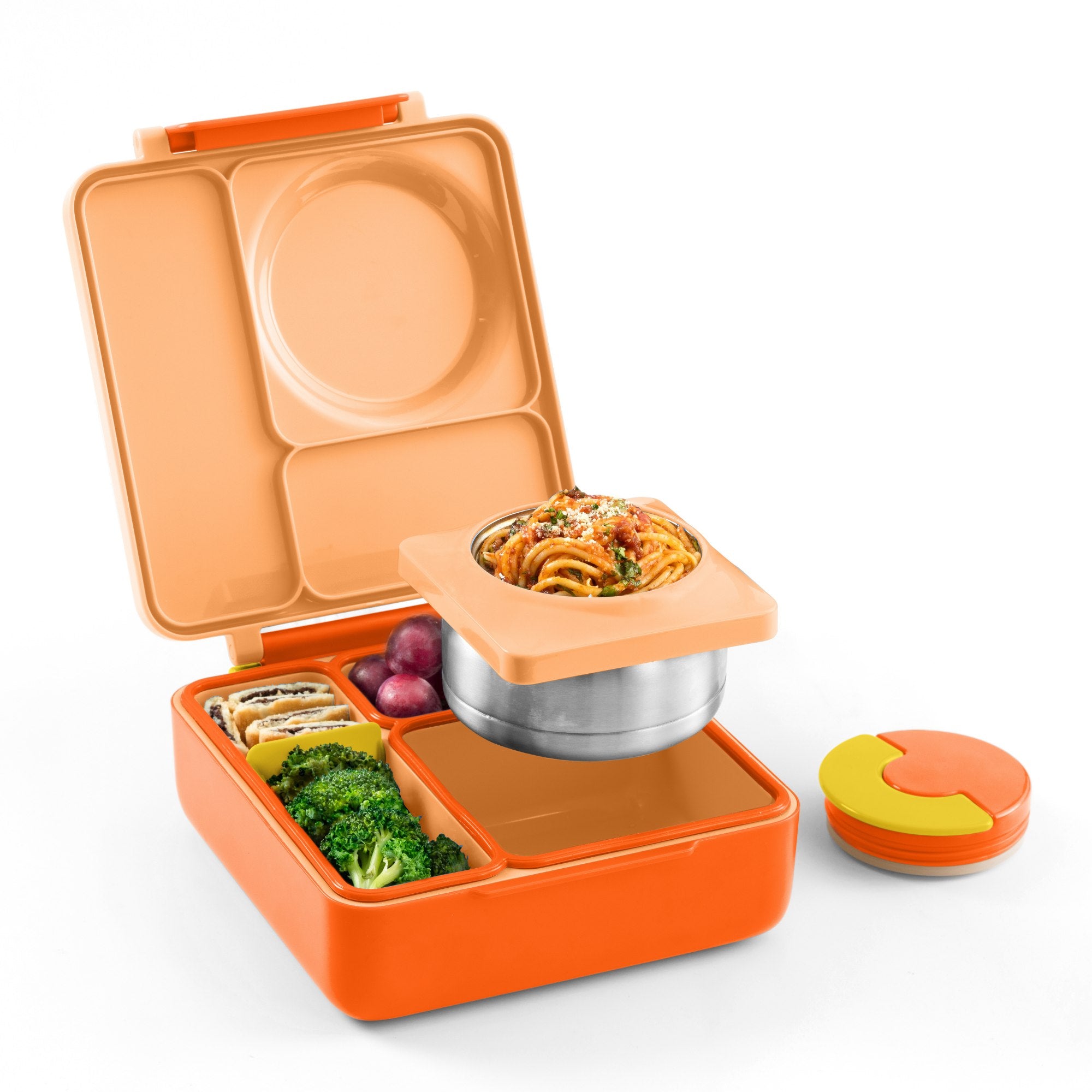 OmieBox Poppy Orange – pastelowo-pomarańczowy lunchbox z termosem, przegródkami i uchwytem, idealny do szkoły i przedszkola.