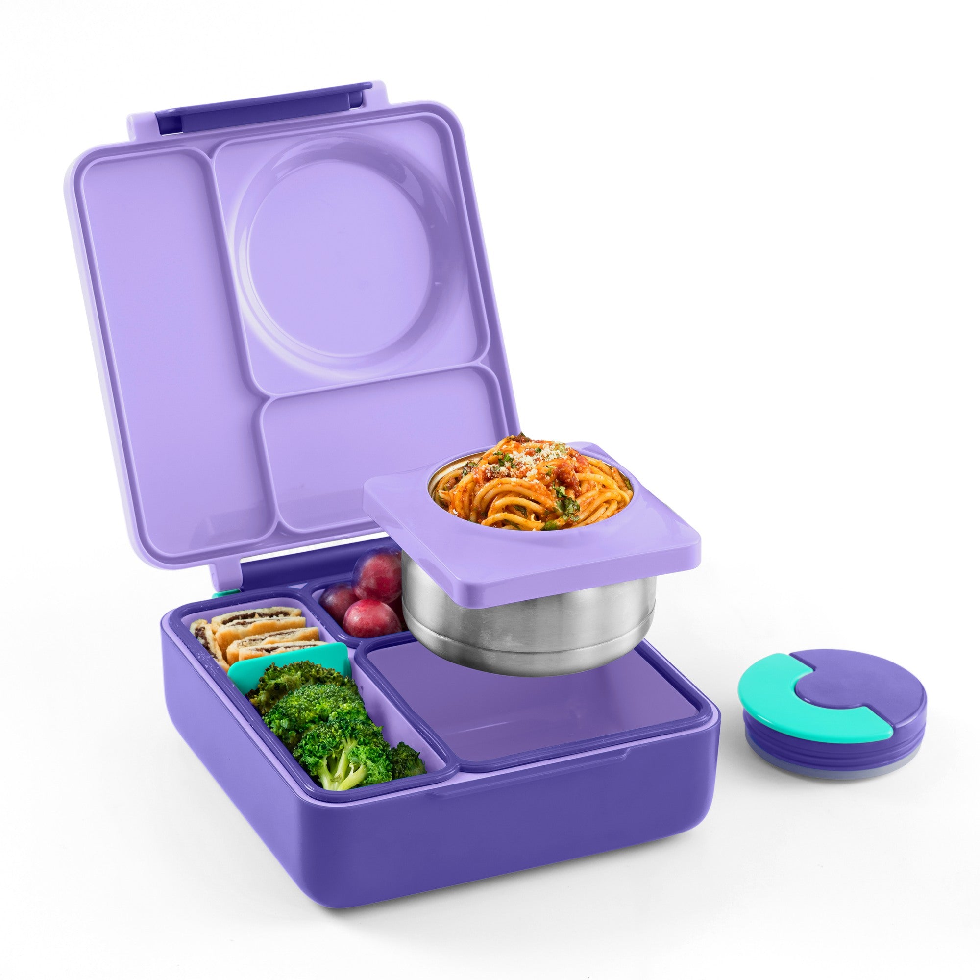 OmieBox Purple Plum – fioletowy lunchbox z termosem, przegródkami i uchwytem, idealny do szkoły i przedszkola.