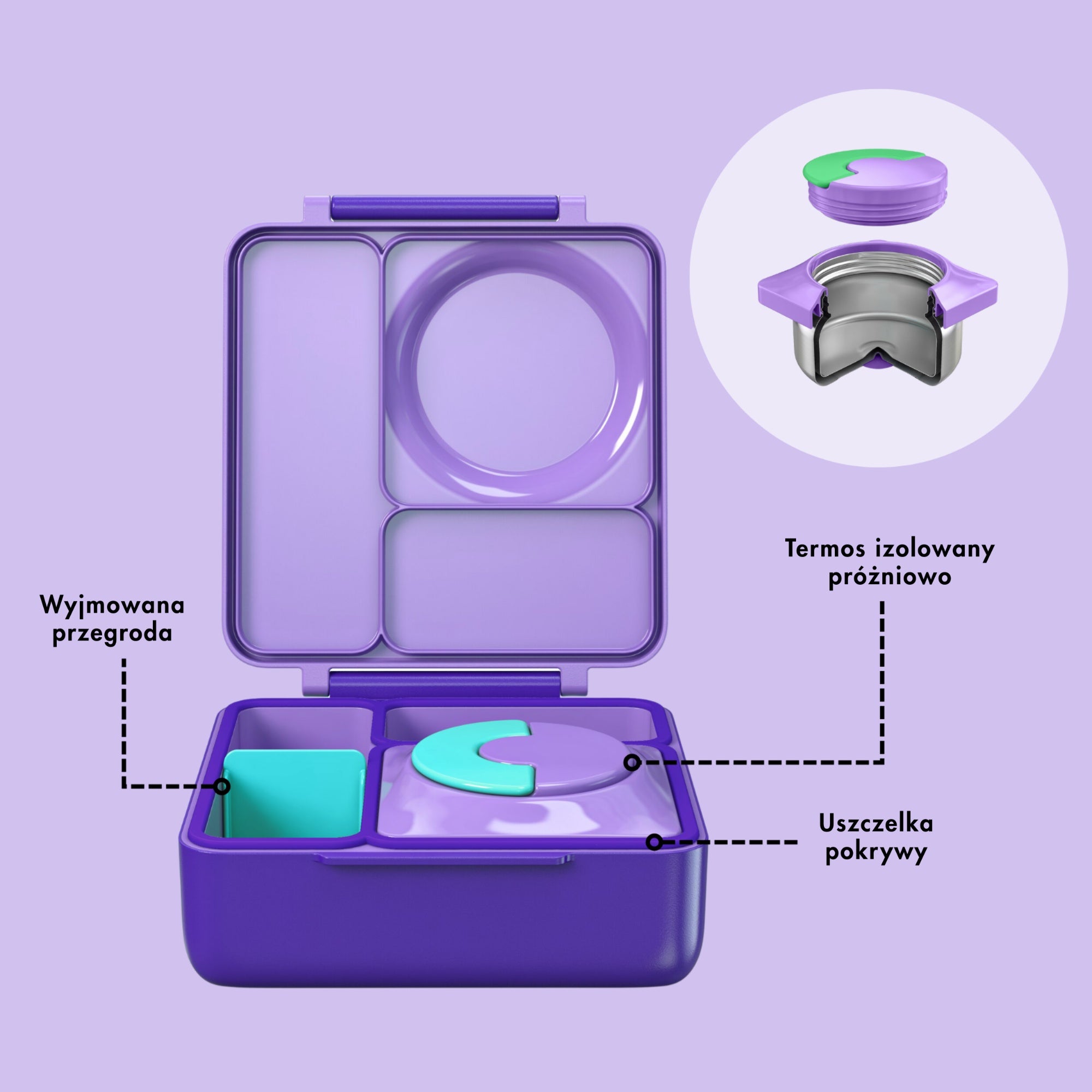 OmieBox Purple Plum – fioletowy lunchbox z termosem, przegródkami i uchwytem, idealny do szkoły i przedszkola.