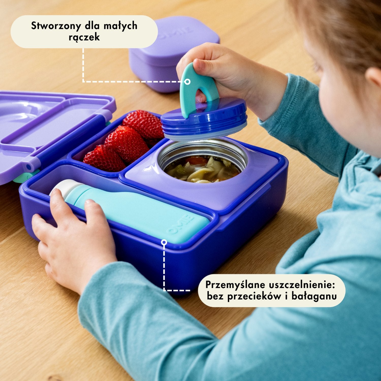 OmieBox Purple Plum – fioletowy lunchbox z termosem, przegródkami i uchwytem, idealny do szkoły i przedszkola.