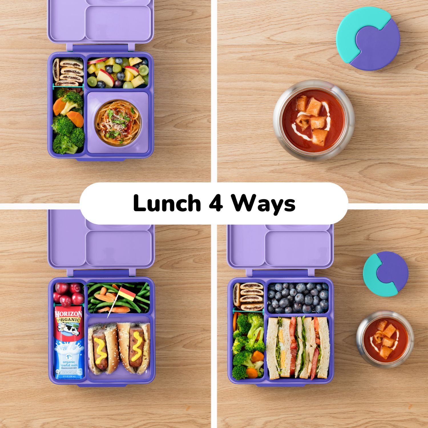 OmieBox Purple Plum – fioletowy lunchbox z termosem, przegródkami i uchwytem, idealny do szkoły i przedszkola.