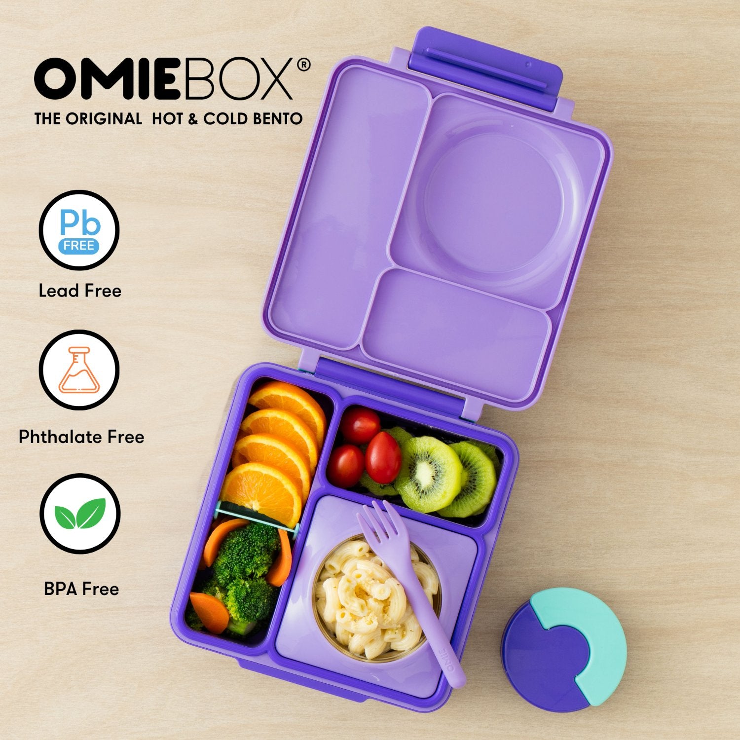 OmieBox Purple Plum – fioletowy lunchbox z termosem, przegródkami i uchwytem, idealny do szkoły i przedszkola.