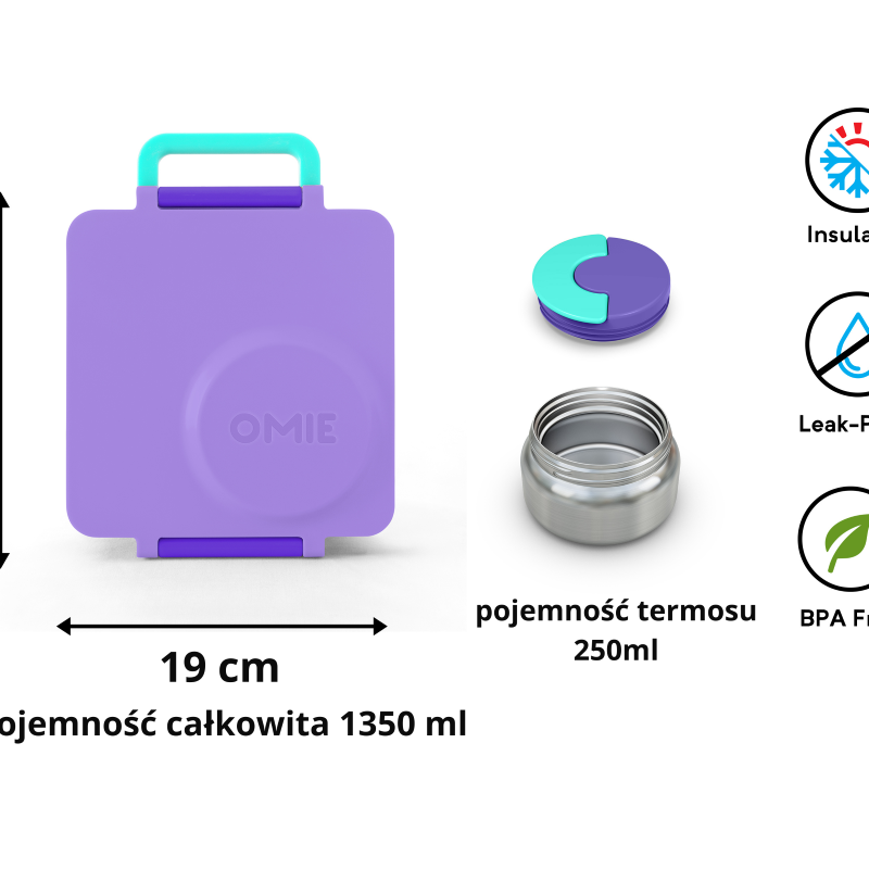 OmieBox Purple Plum – fioletowy lunchbox z termosem, przegródkami i uchwytem, idealny do szkoły i przedszkola.
