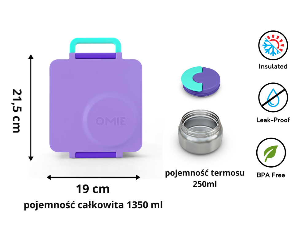 OmieBox Purple Plum – fioletowy lunchbox z termosem, przegródkami i uchwytem, idealny do szkoły i przedszkola.