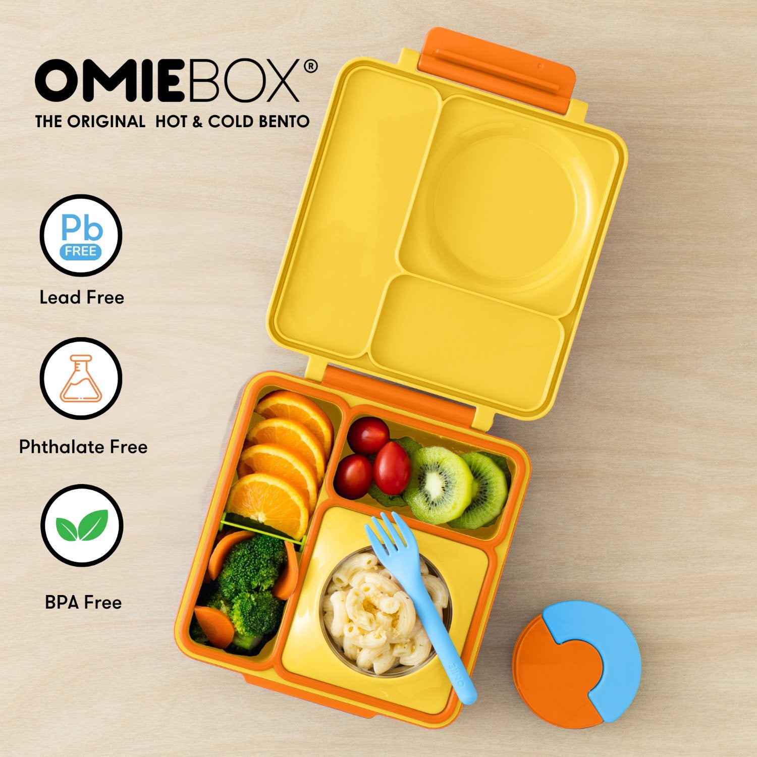 OmieBox Sunshine – żółty lunchbox z termosem, przegródkami i uchwytem, idealny do szkoły i przedszkola.