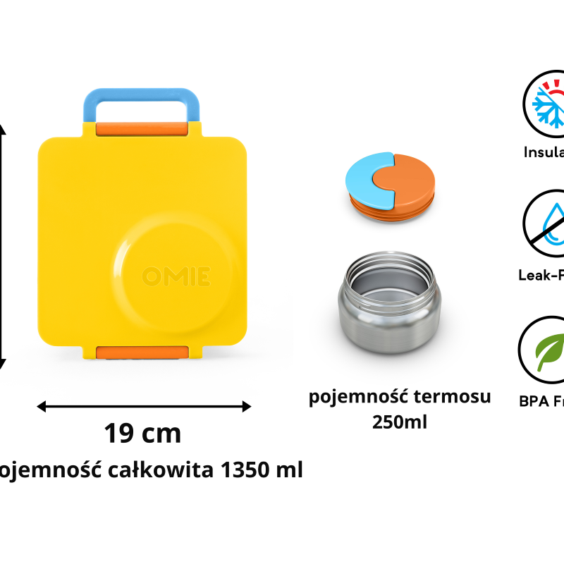 OmieBox Sunshine – żółty lunchbox z termosem, przegródkami i uchwytem, idealny do szkoły i przedszkola.