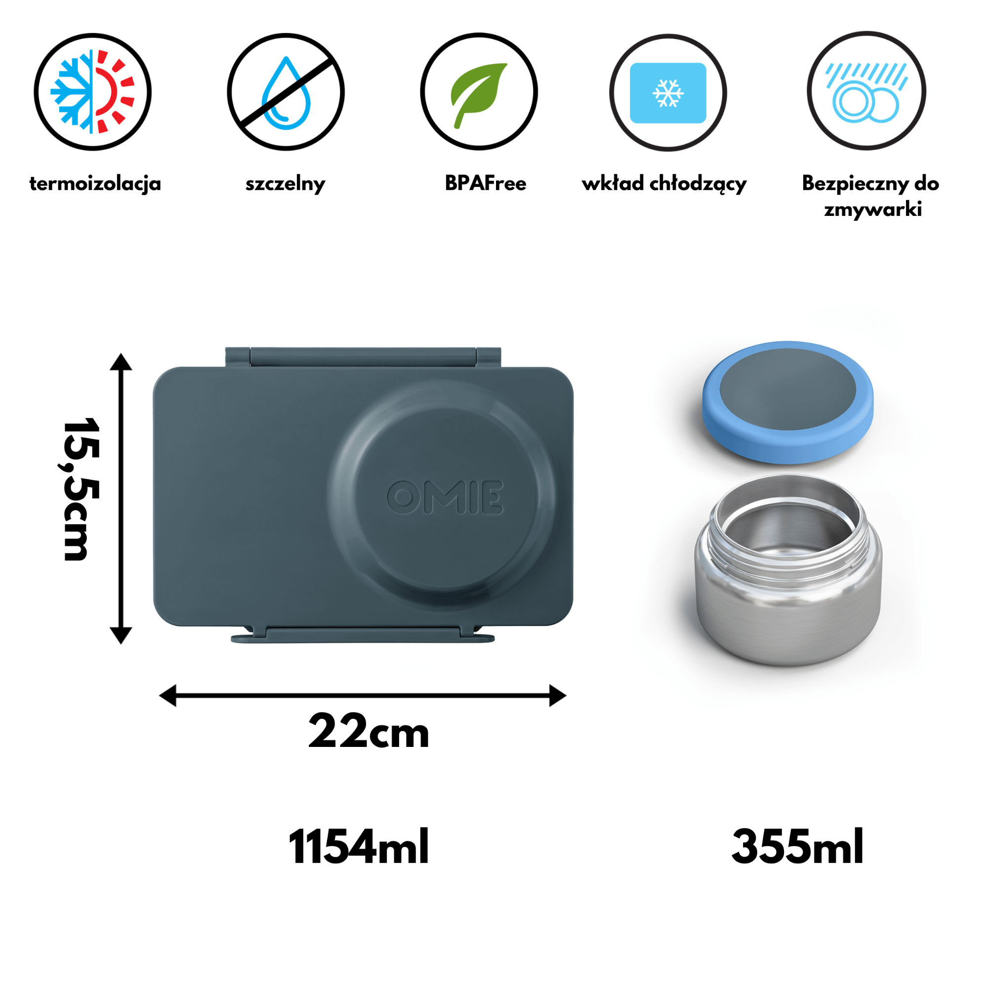 Lunchbox z termosem OmieBox Up Graphite – szczelny, pojemny i stylowy, idealny do szkoły i pracy