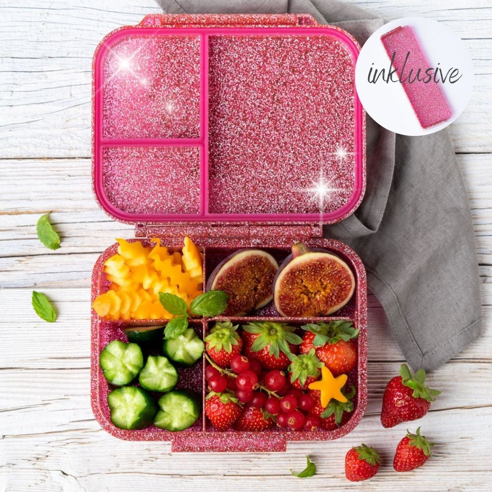 Kompaktowy różowy lunchbox z brokatem LekkaBox Glamour do przedszkola