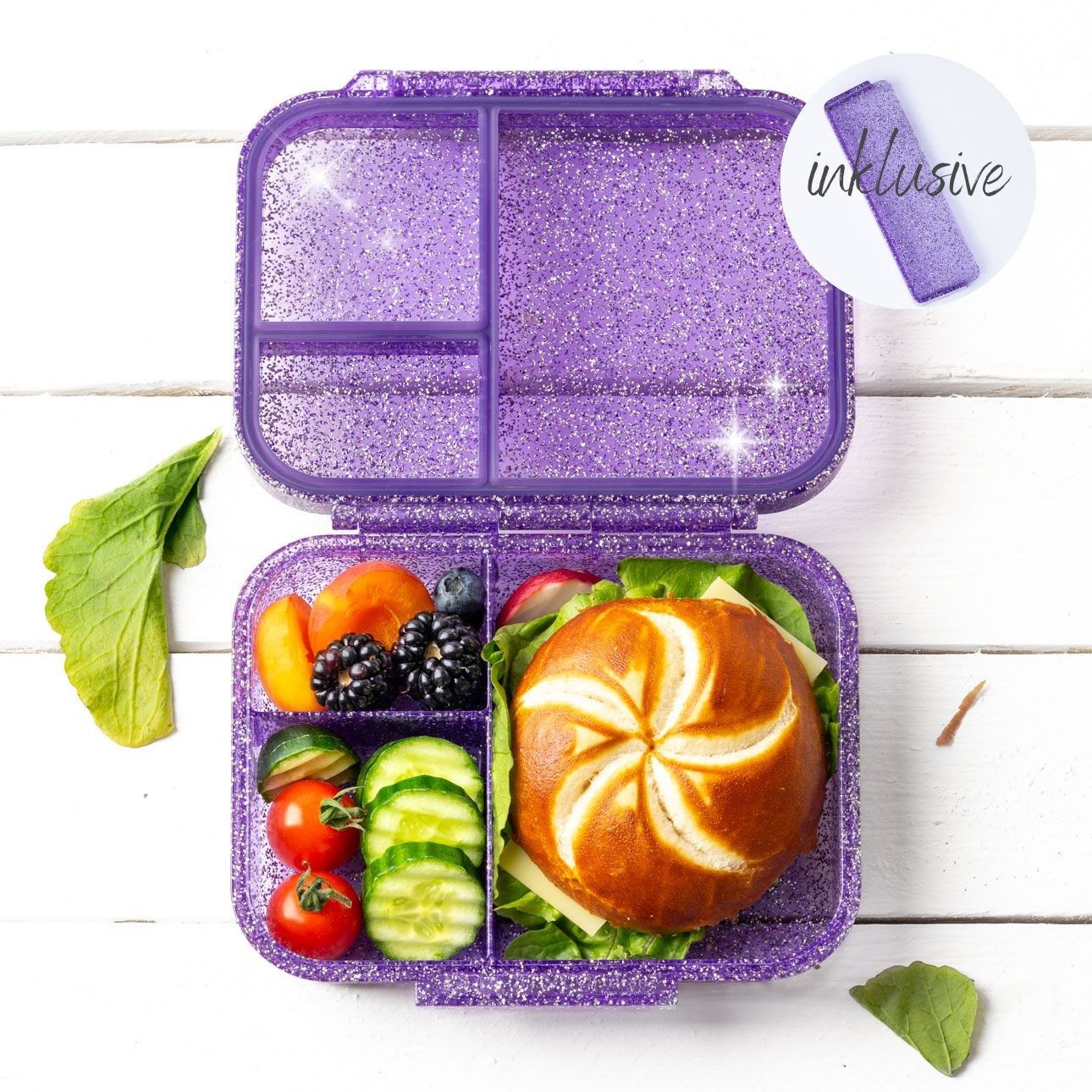 Kompaktowy fioletowy lunchbox z brokatem LekkaBox Glamour dla dziewczynki