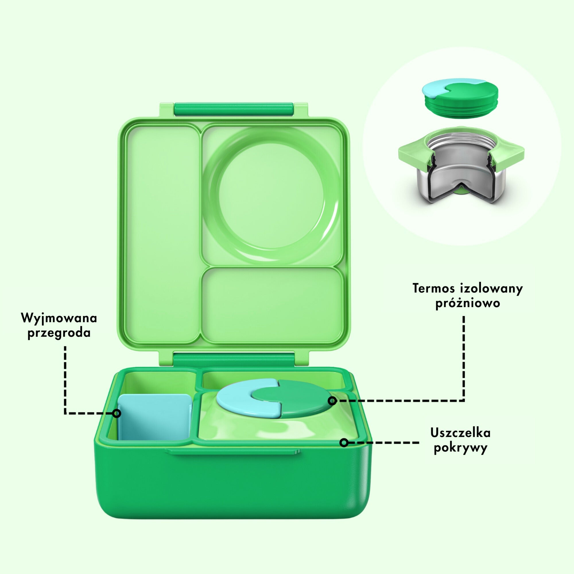 OmieBox Apple Green – pastelowo zielony lunchbox z termosem, przegródkami i uchwytem, idealny do szkoły i przedszkola.