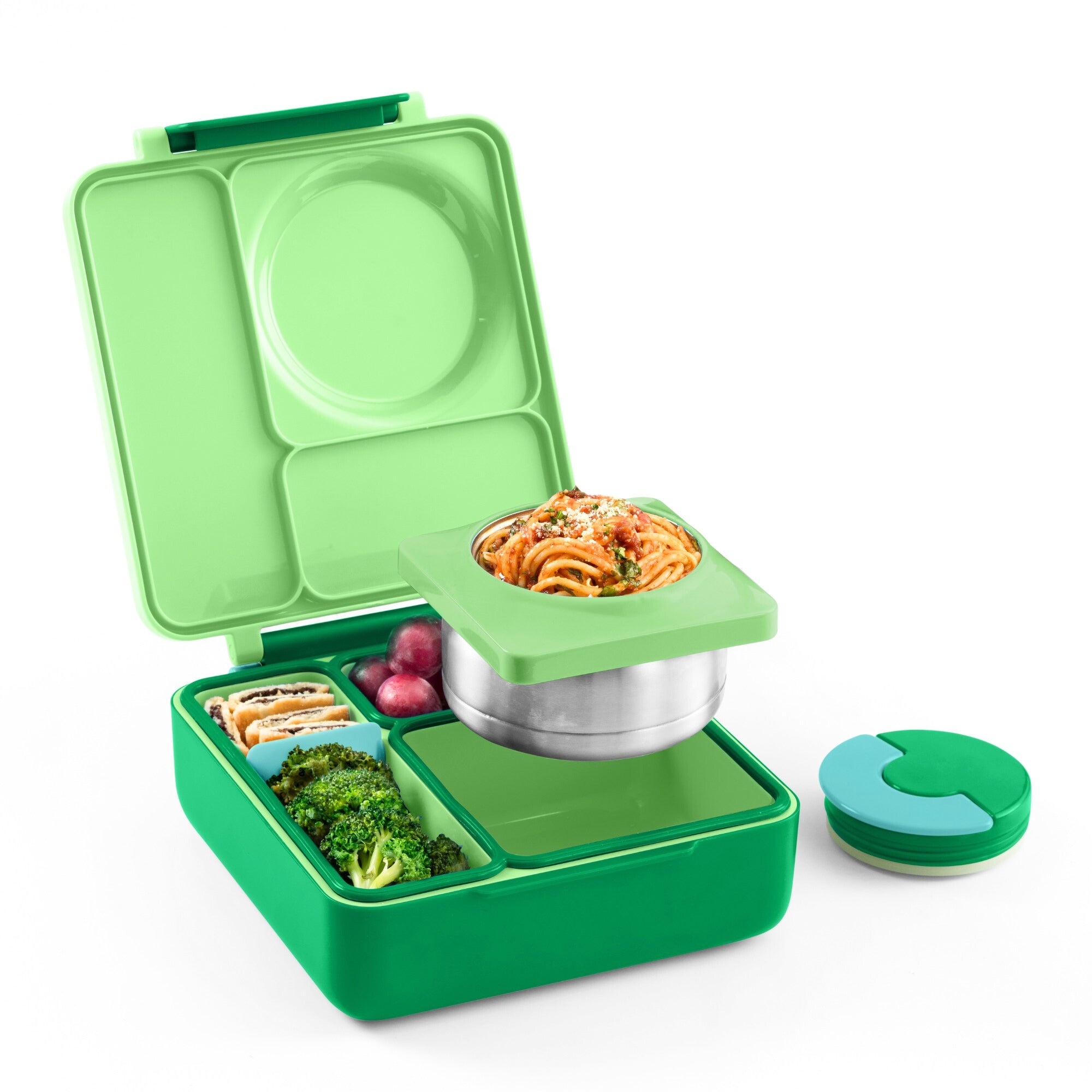 OmieBox Apple Green – pastelowo zielony lunchbox z termosem, przegródkami i uchwytem, idealny do szkoły i przedszkola.