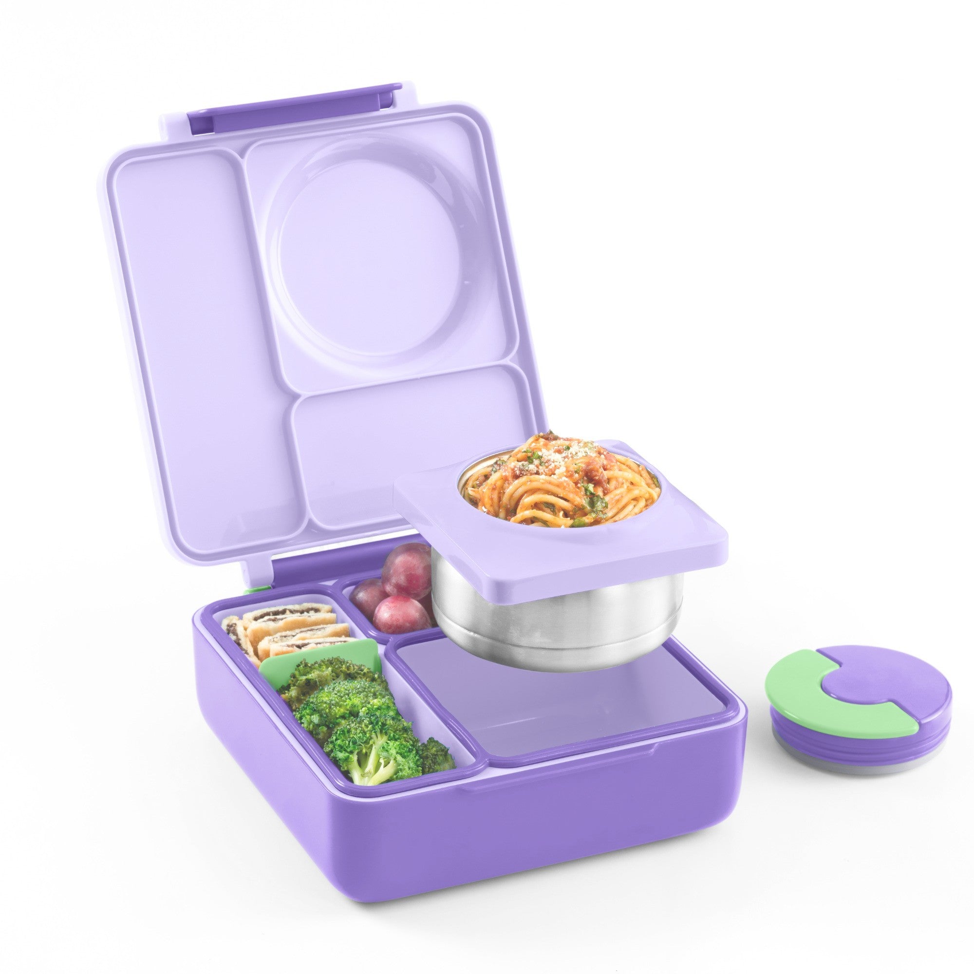 OmieBox Lilac Purple – pastelowo-fioletowy lunchbox z termosem, przegródkami i uchwytem, idealny do szkoły i przedszkola.