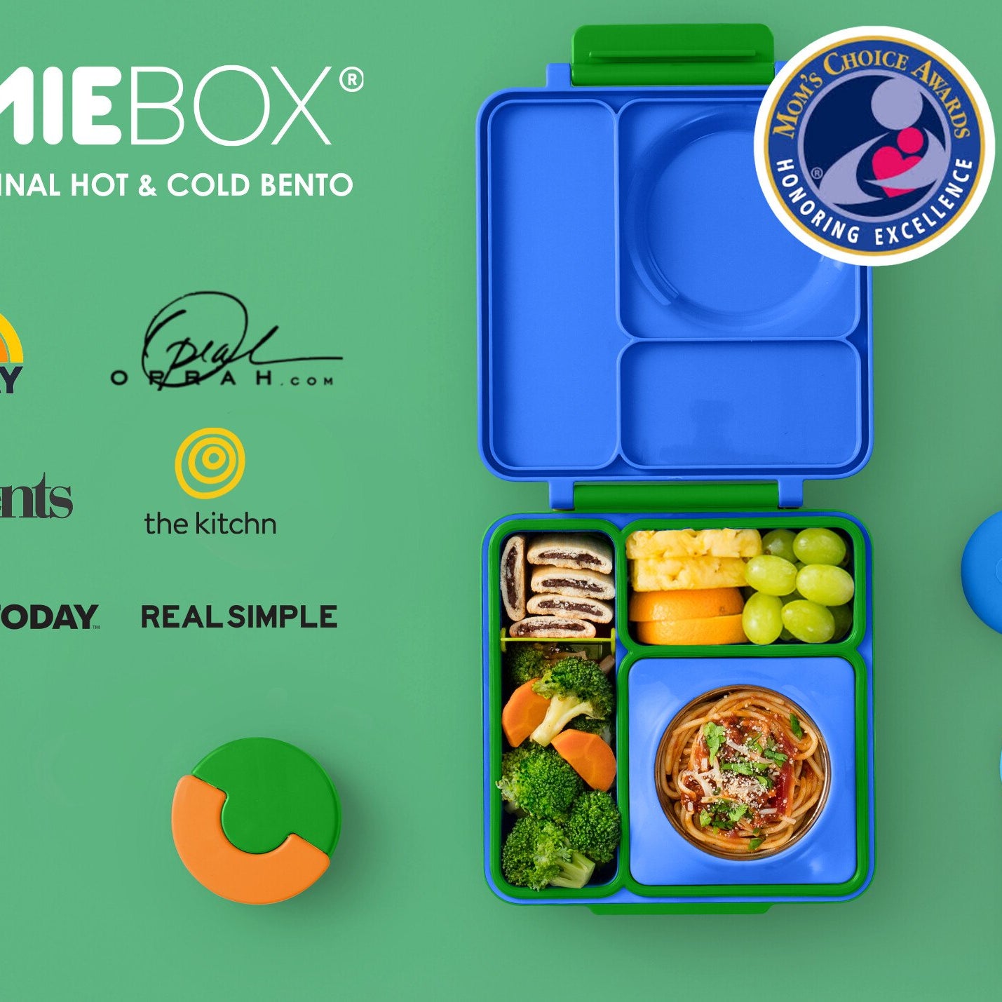 OmieBox Monster Blue – niebieski lunchbox z termosem, przegródkami i uchwytem, idealny do szkoły i przedszkola.