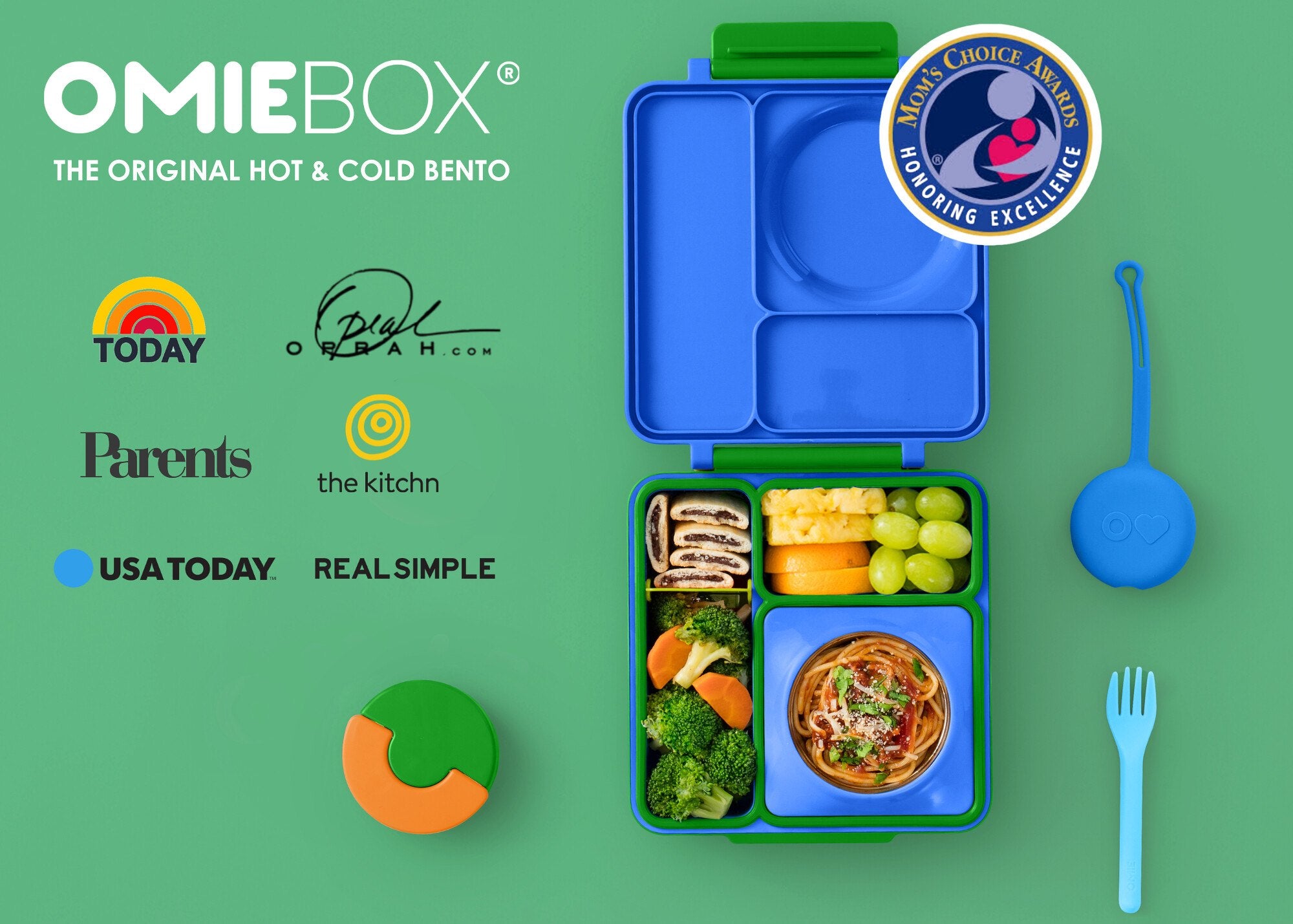 OmieBox Monster Blue – niebieski lunchbox z termosem, przegródkami i uchwytem, idealny do szkoły i przedszkola.