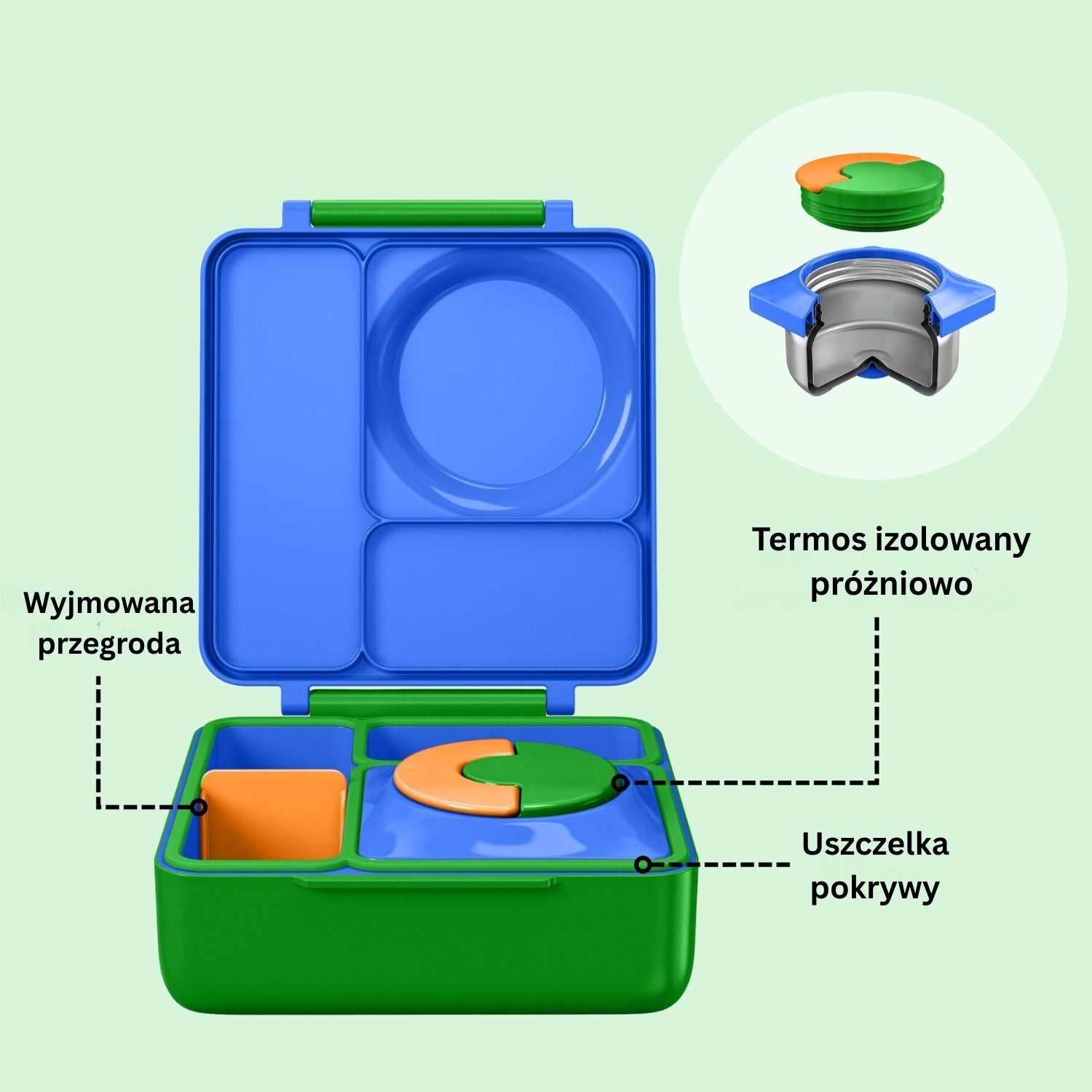 OmieBox Monster Blue – niebieski lunchbox z termosem, przegródkami i uchwytem, idealny do szkoły i przedszkola.