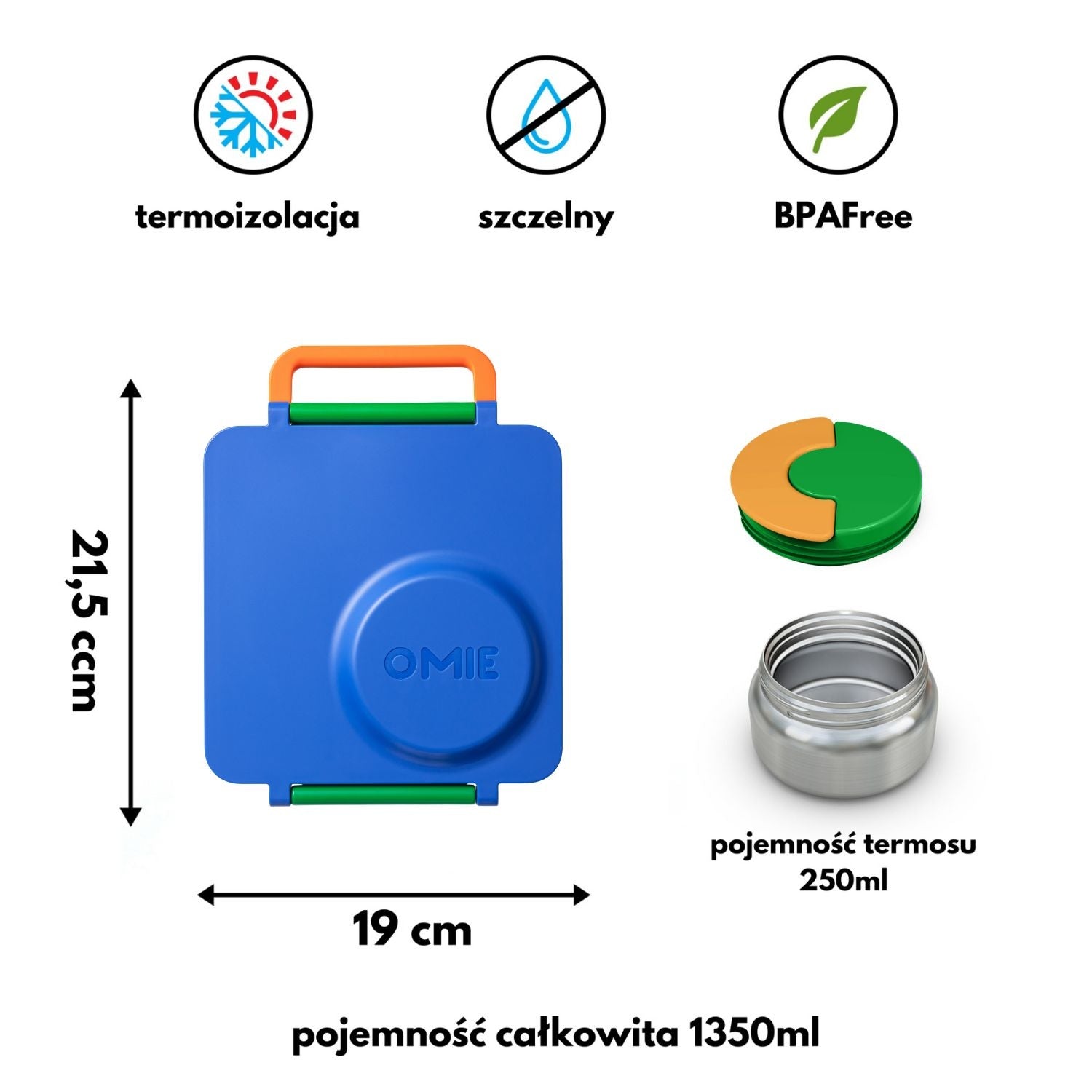 OmieBox Monster Blue – niebieski lunchbox z termosem, przegródkami i uchwytem, idealny do szkoły i przedszkola.