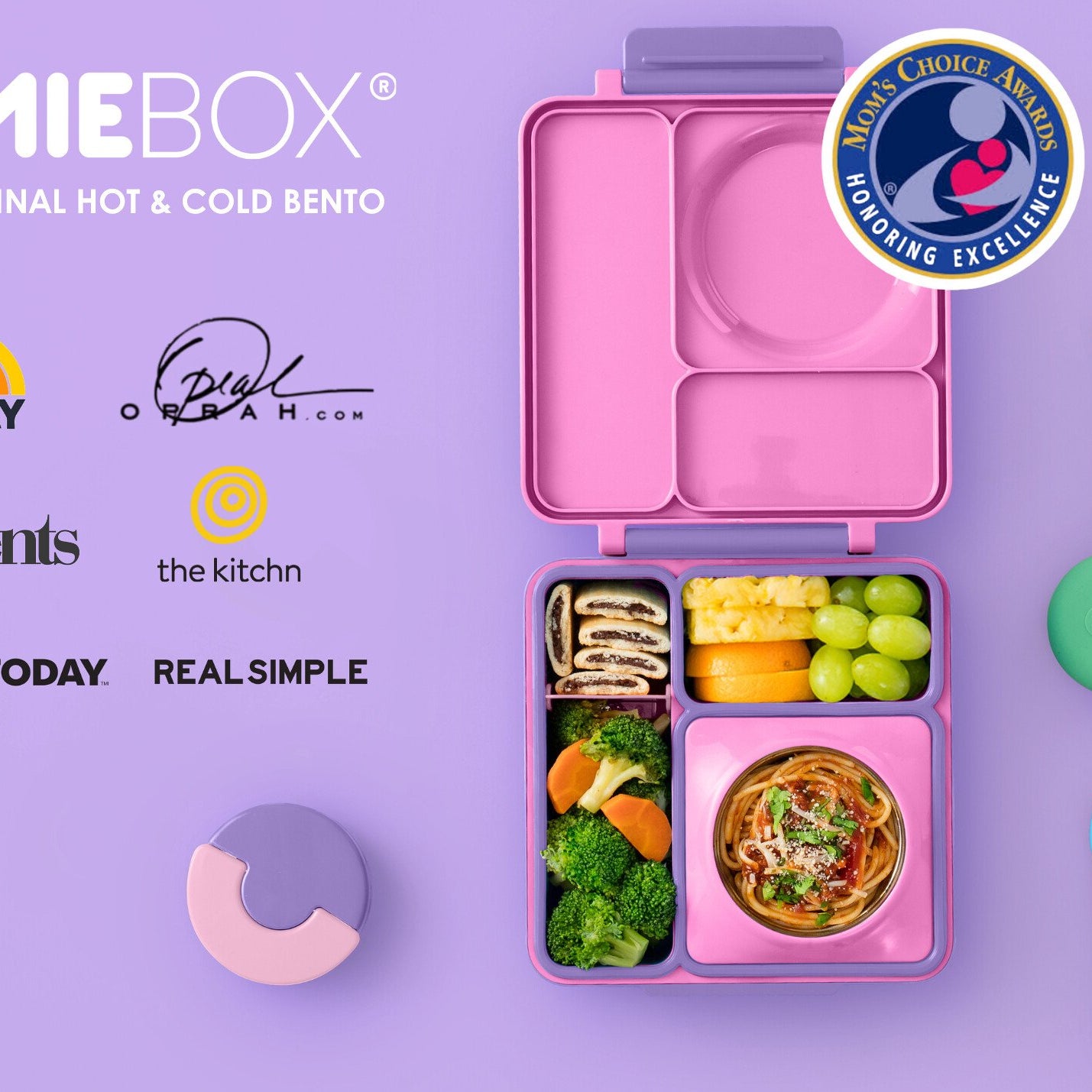 OmieBox Unicorn Pink – pastelowo-różowy lunchbox z termosem, przegródkami i uchwytem, idealny do szkoły i przedszkola.