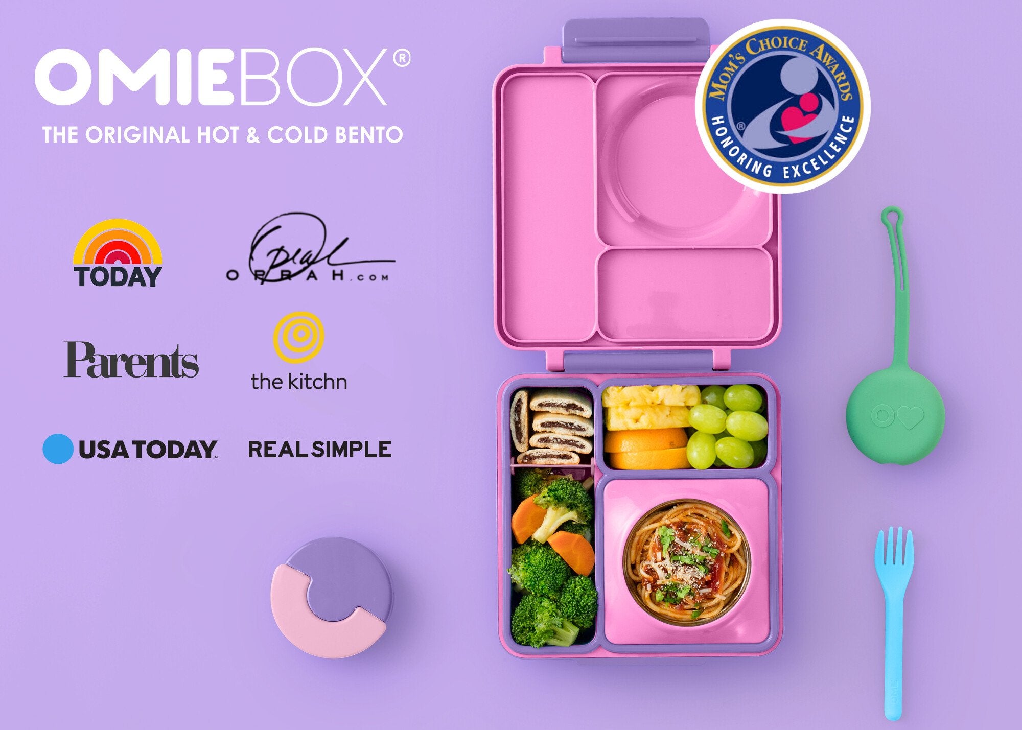 OmieBox Unicorn Pink – pastelowo-różowy lunchbox z termosem, przegródkami i uchwytem, idealny do szkoły i przedszkola.