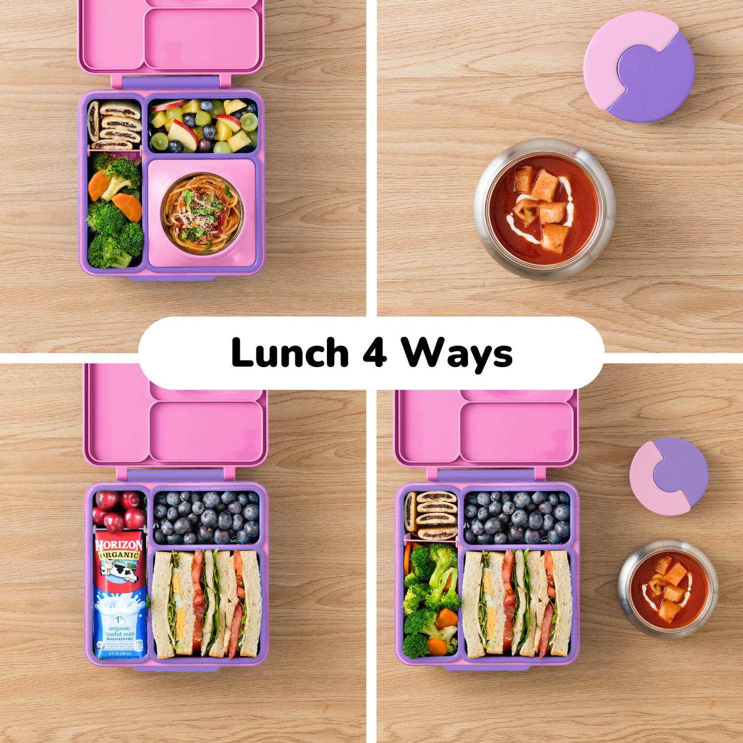 OmieBox Unicorn Pink – pastelowo-różowy lunchbox z termosem, przegródkami i uchwytem, idealny do szkoły i przedszkola.