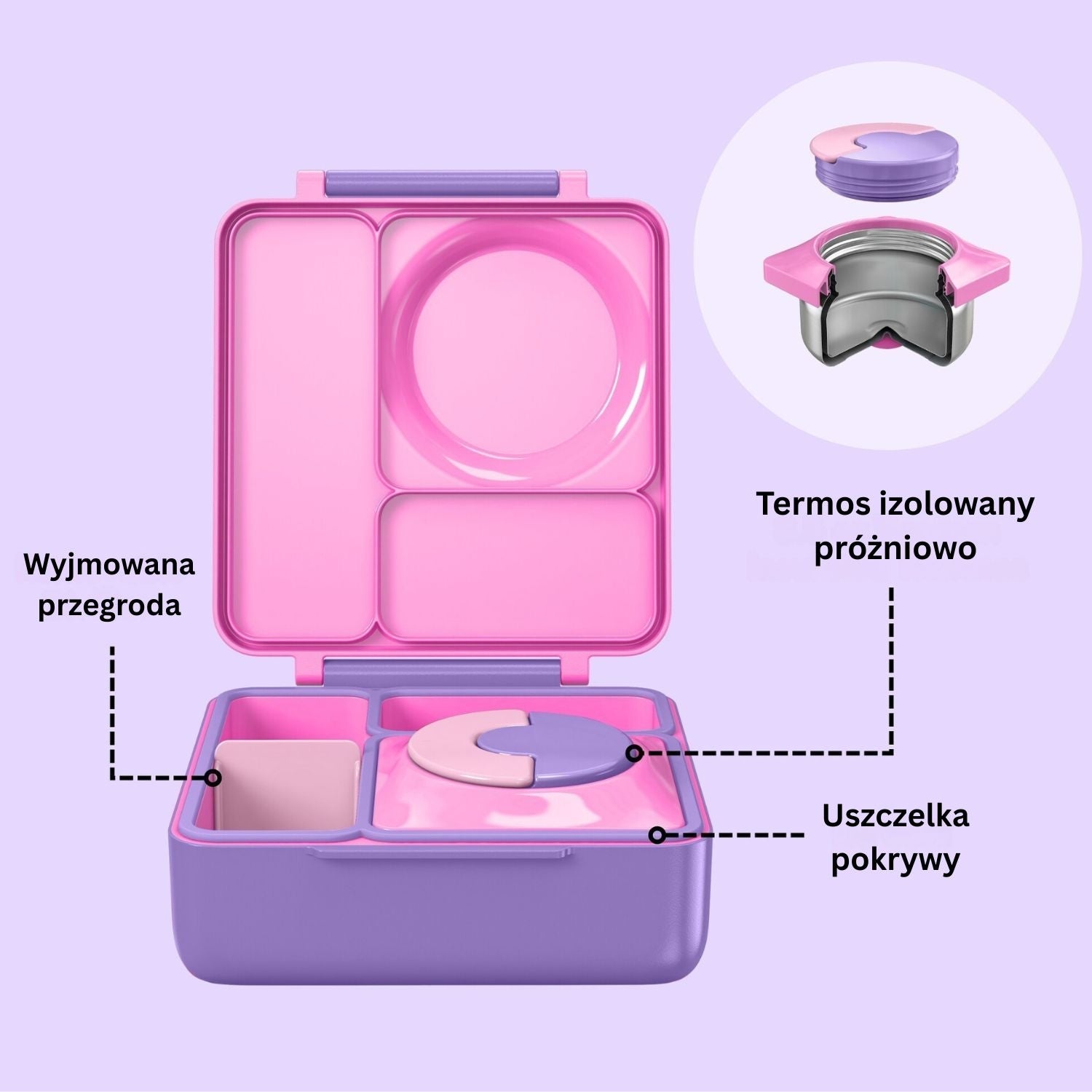 OmieBox Unicorn Pink – pastelowo-różowy lunchbox z termosem, przegródkami i uchwytem, idealny do szkoły i przedszkola.