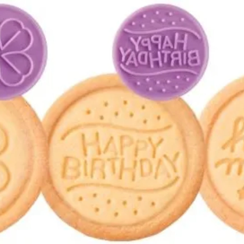 Pieczątki do ciastek DELÍCIA – stempelki z motywem imprezowym 3w1 z wykrawaczem i schowkiem