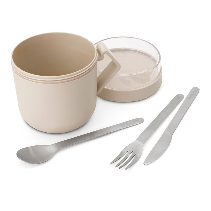 Pojemnik na owsiankę Make & Take Brabantia – szczelny kubek 600 ml z odkręcanym pojemnikiem na dodatki, do pracy i szkoły, bezpieczny, wielofunkcyjny i ekologiczny, kolor: beżowy