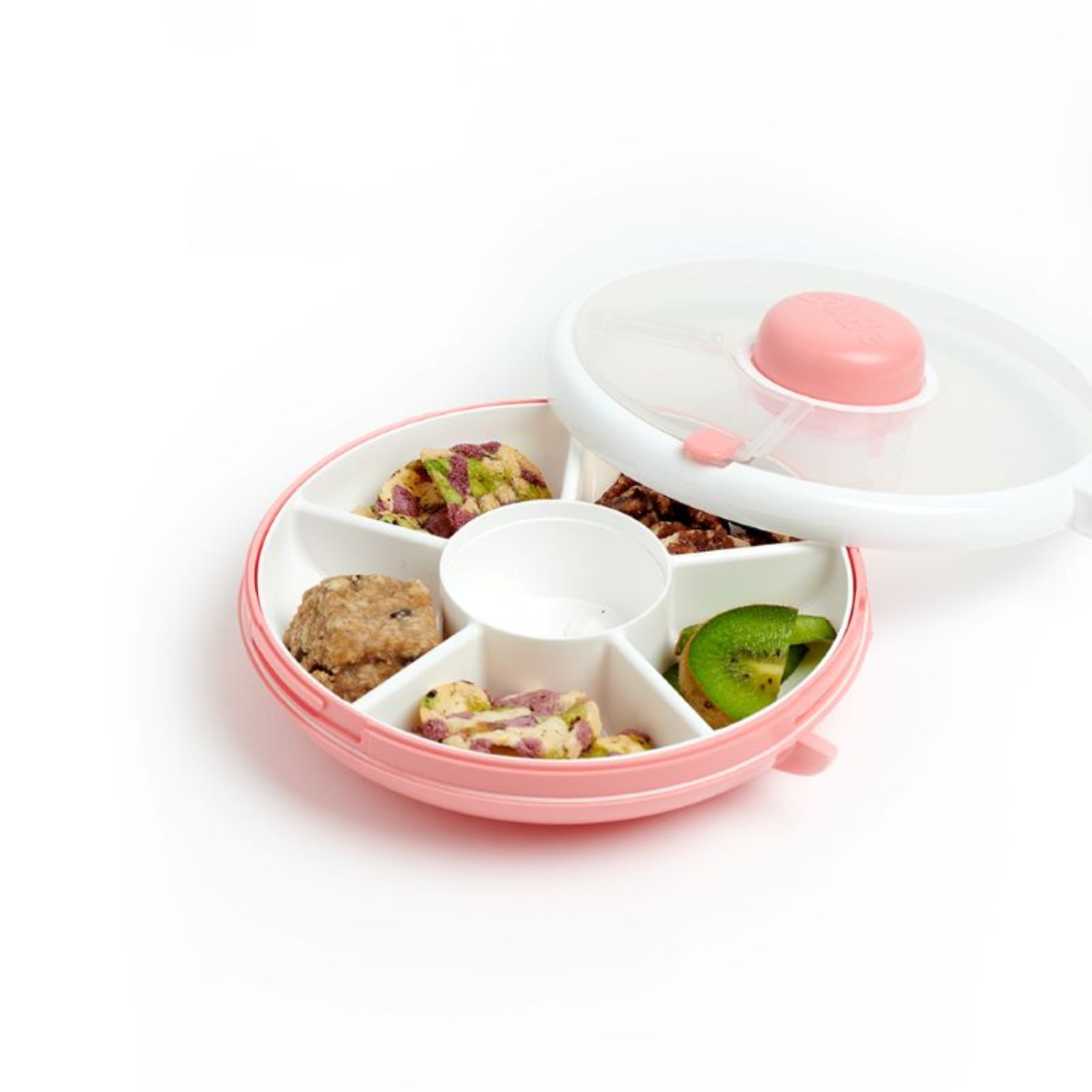 GoBe Snack Spinner – pojemnik na przekąski, interaktywny, szczelny i łatwy w obsłudze, kolor: coral pink