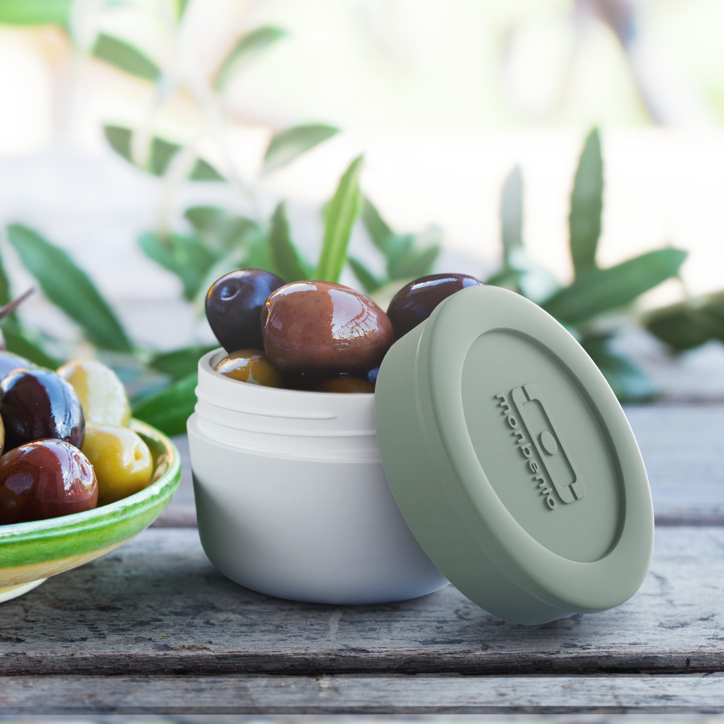 Monbento Temple L Natural Green – szczelny pojemnik 75 ml na sosy, dipy i jogurty. Kompatybilny z bento boxami, bez BPA, do mikrofalówki i zmywarki, kolor: zielony