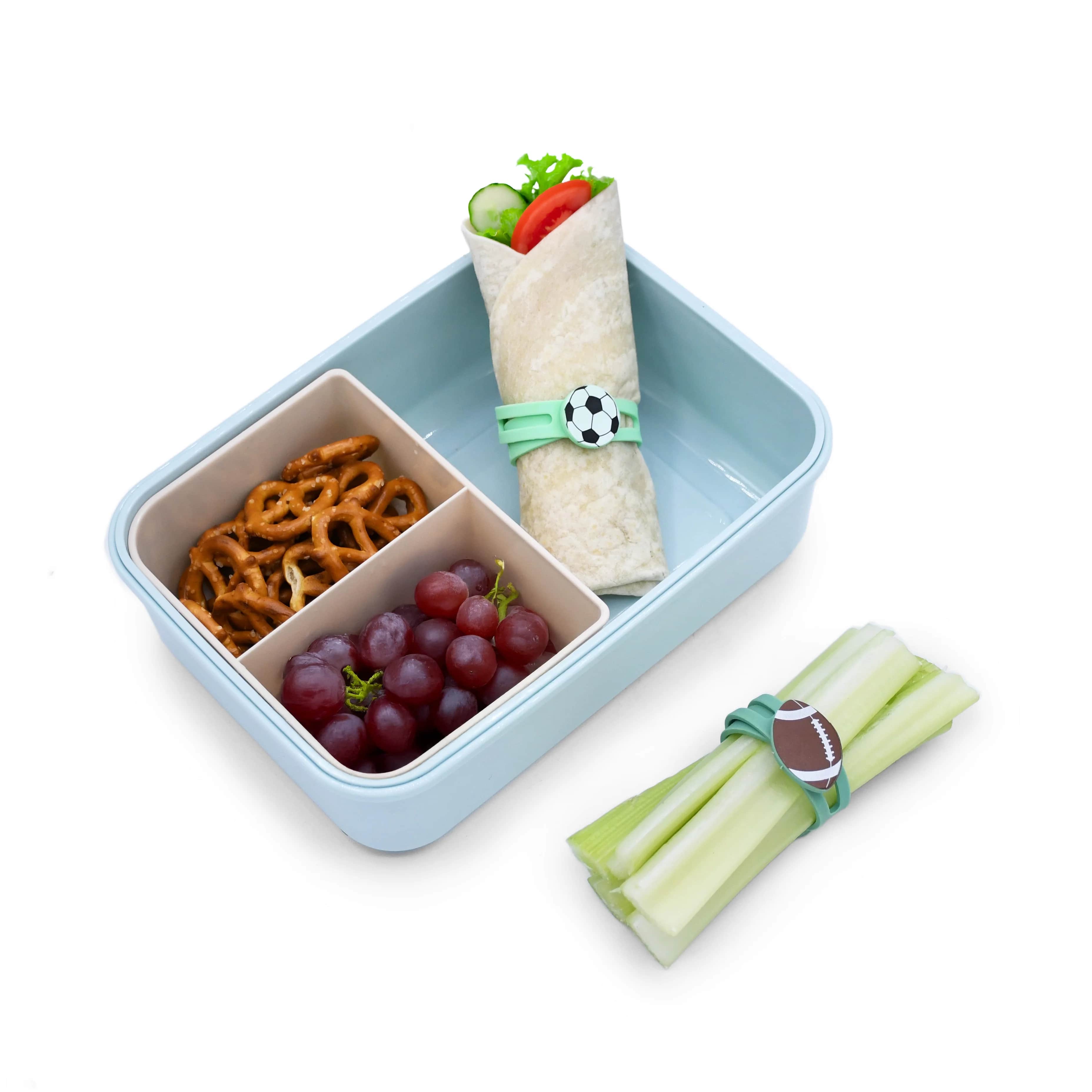 Silikonowe opaski do wrapów Melii - 6 szt., idealne dla chłopca, do owijania jedzenia i woreczków, proste w użyciu, 100% bezpieczne, wzór: piłki