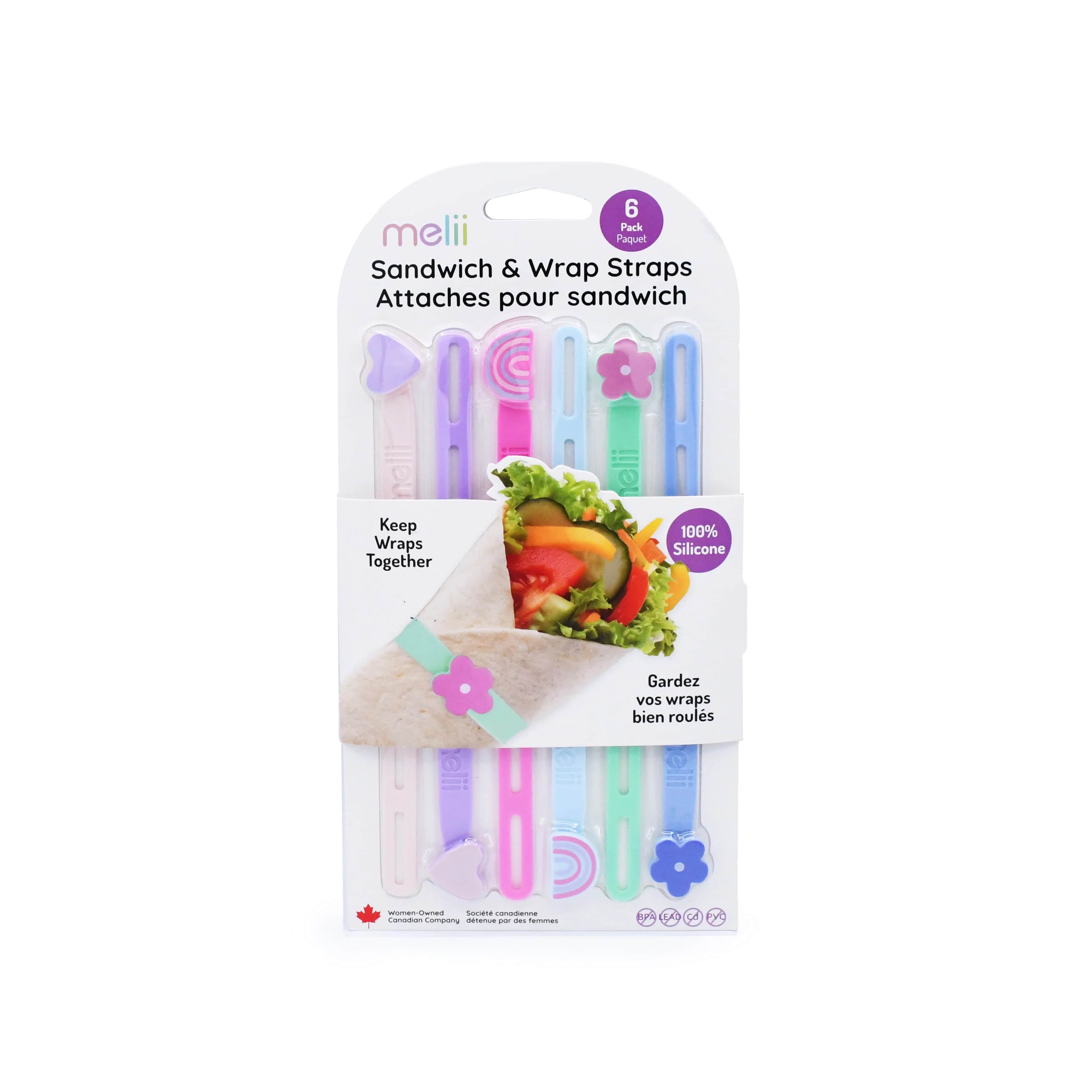 Silikonowe opaski do wrapów Melii - 6 szt., idealne dla dziewczynki, do owijania jedzenia i woreczków, proste w użyciu, 100% bezpieczne, wzór: serce/tęcza/gwiazda