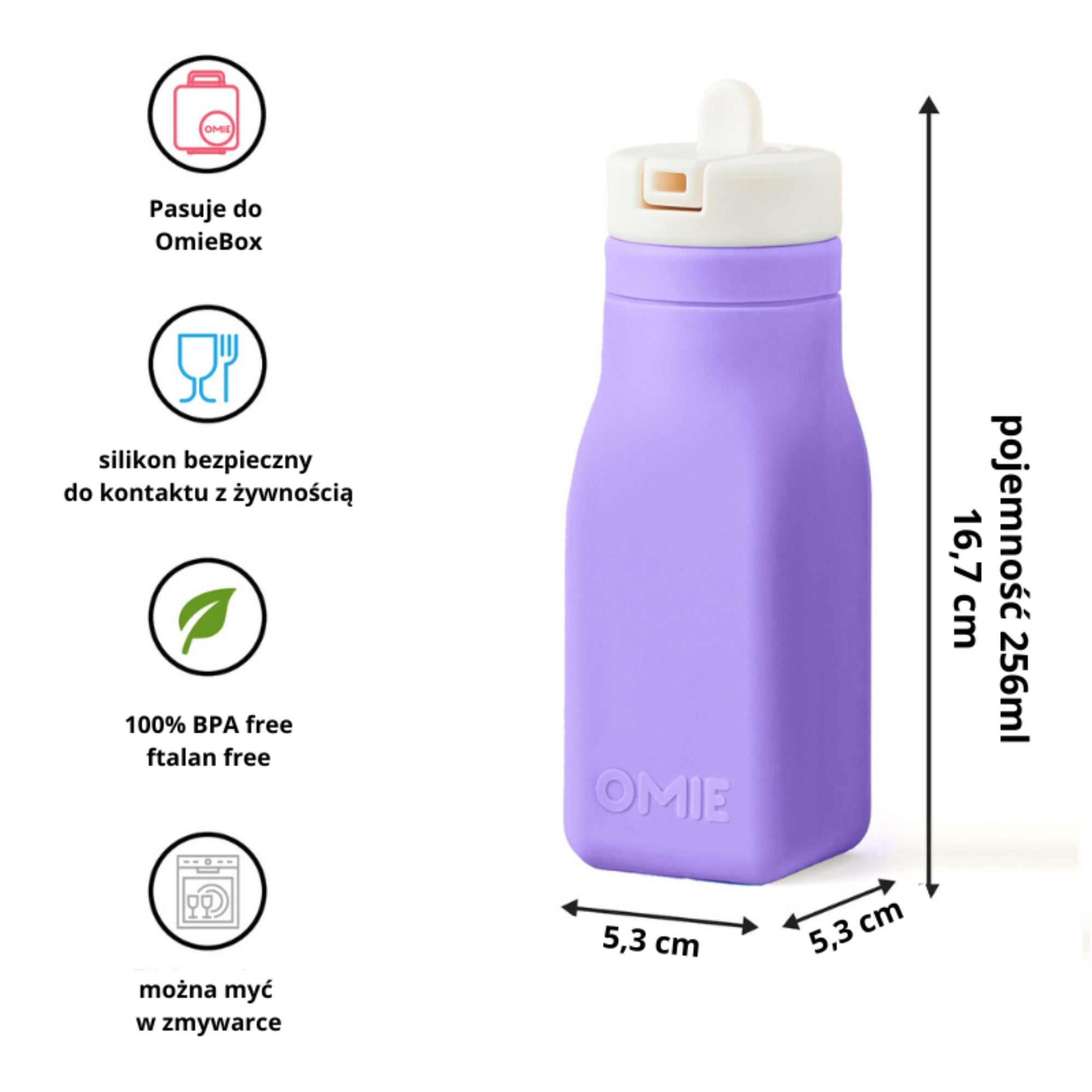 Fioletowa butelka OmieBottle – pastelowa, poręczna i bez BPA, dla dzieci do szkoły i przedszkola.