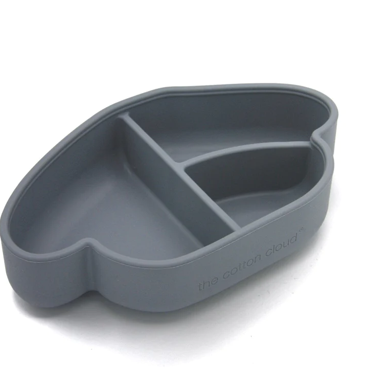 Silikonowy lunchbox dla dzieci The Cotton Cloud – z przegródkami, opaską i pokrywką pełniącą funkcję talerza, wzór/kolor: pies/szary